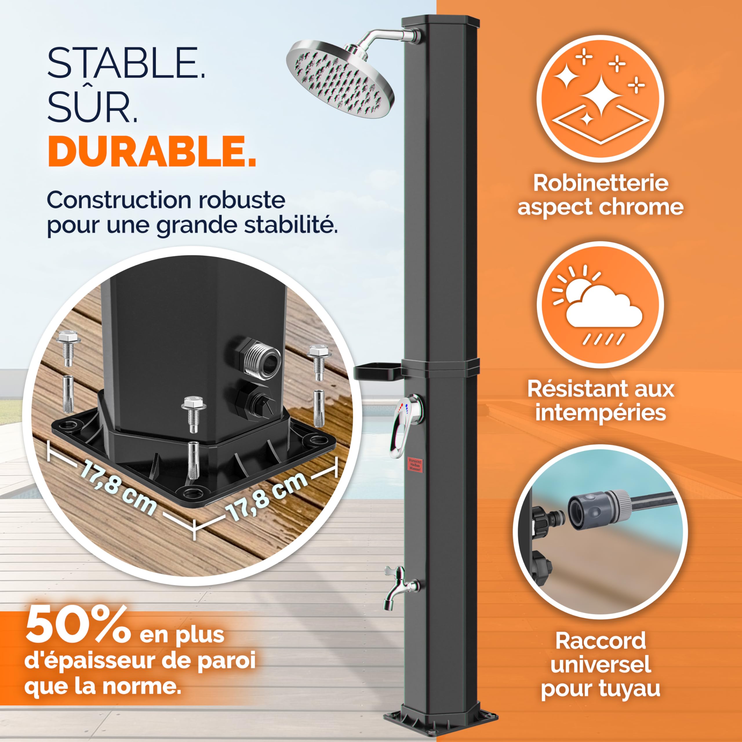 Casaria® Douche Solaire Jardin 35 L - 216 cm - Pommeau de Douche pivotant Ø15 cm - Douchette extérieur Eau Chaude - avec raccord Tuyau d'Arrosage & Housse de Protection - Piscine, Terrasse, Camping