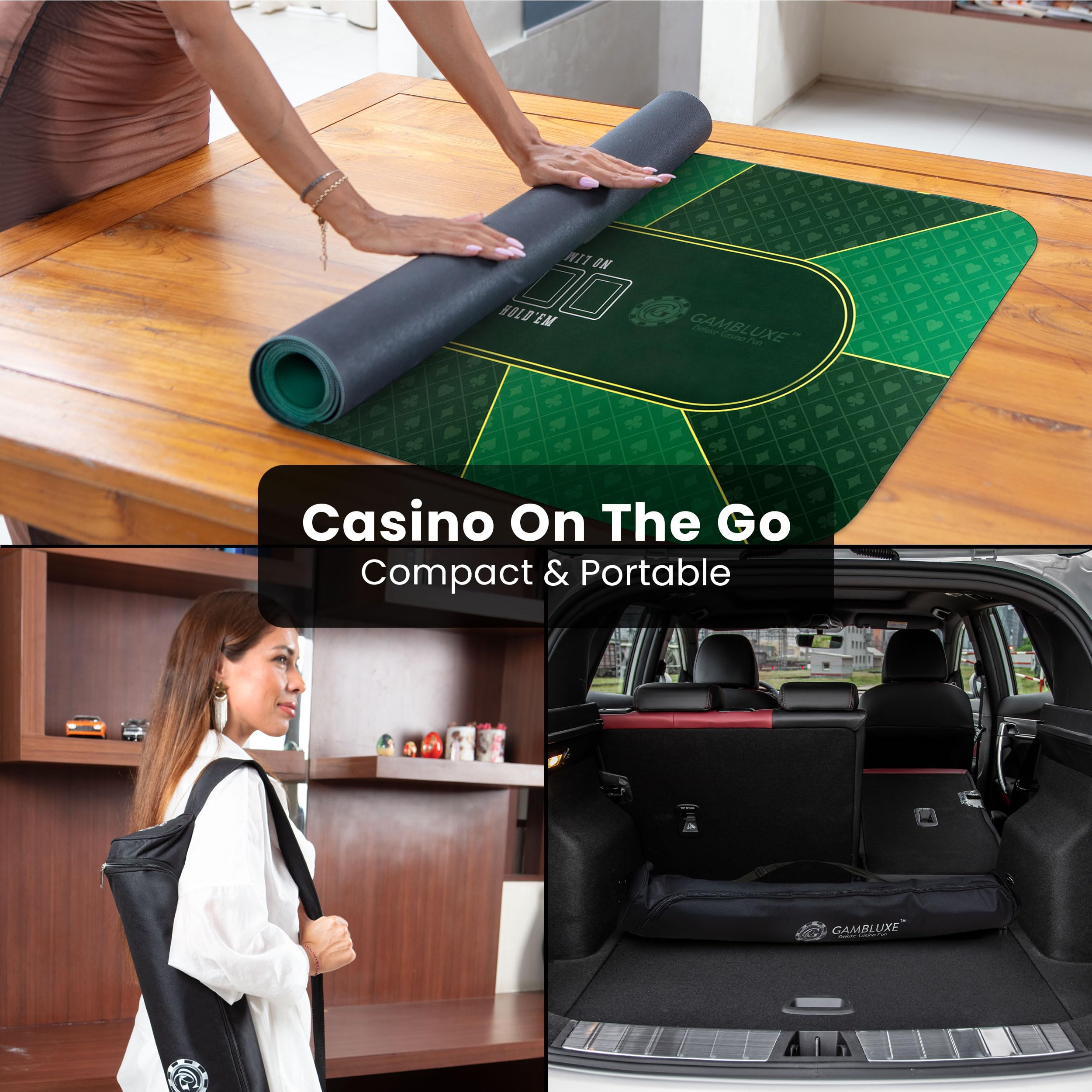 Tapete de póquer profesional de 70 x 35 pulgadas para mesa, parte superior de póquer suave repelente al agua para mesa, antideslizante, portátil, Texas Hold'em + bolsa de transporte y