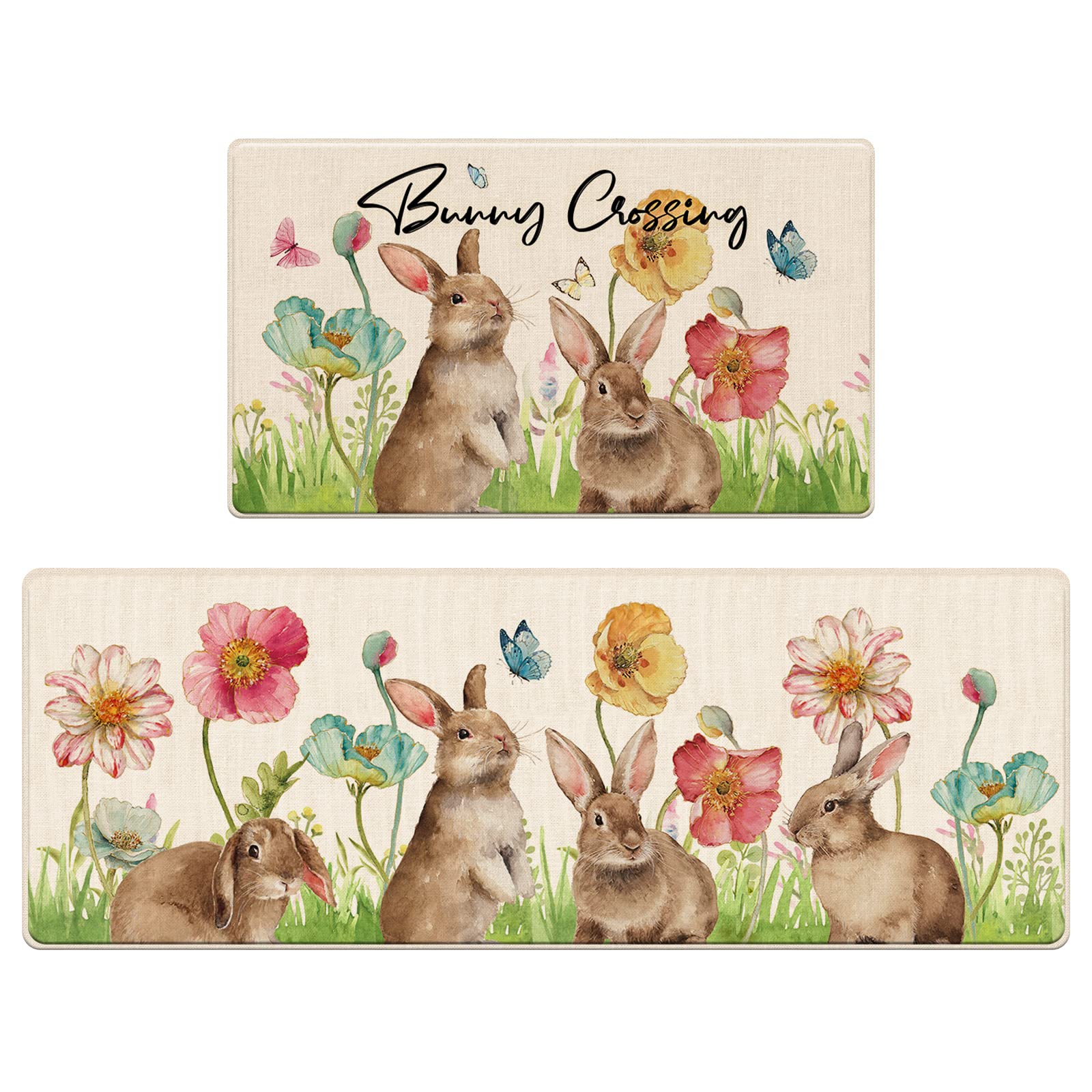 Easter Bunny Crossing Decorative Kitchen Rugs Set of 2, Rabbit Anti-Fatigue Kitchen Mat Poppy Dahlia Flowers Non-Slip Floor Mat, Spring Holiday Home Kitchen Decorations - 17x29 and 17x47 Inch