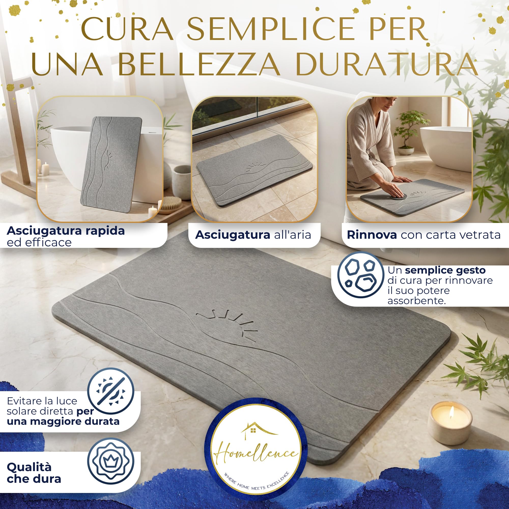 Homellence Tappeto Bagno Diatomite - Tappetino Doccia Pietra 60x39 cm | Tappeto Bagno - Tappetino Pietra Asciugatura Rapida Assorbente Antiscivolo Antibatterico - Stone Bath Mat (Solaris Aura)