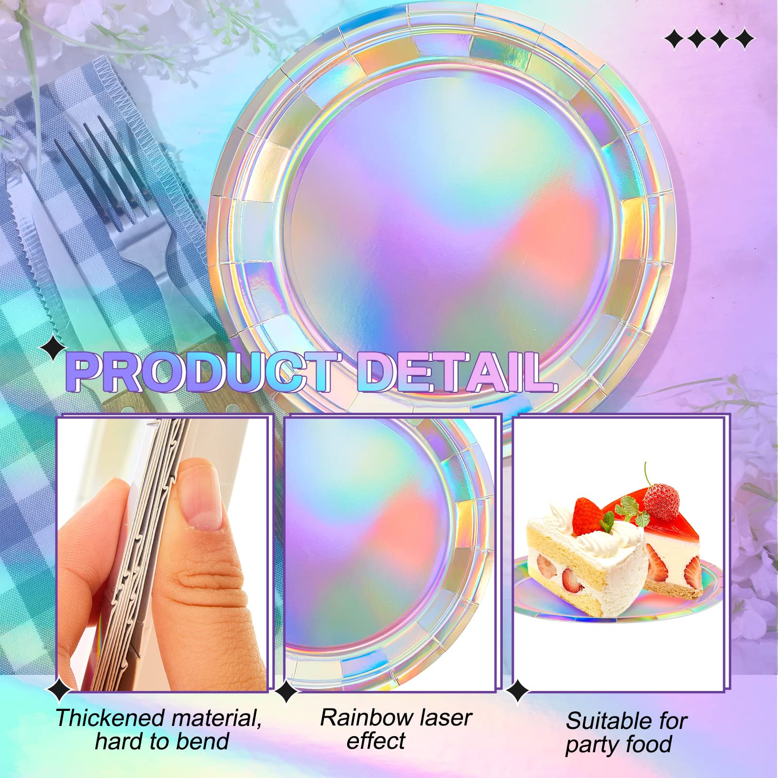 200 Pcs Iridescent Paper Plates Iridescent Party Supplies 7 Inch Round Disposable Iridescent Plates Holographic Plates Iridescent Party Plates for Birthday Baby Shower Wedding Unicorn Mermaid Party