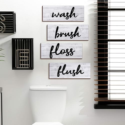 Miniatura 5 de Jetec 4 piezas de decoración de pared de baño de granja, letreros rústicos colgantes de madera, arte de pared primitivo, decoraciones de madera