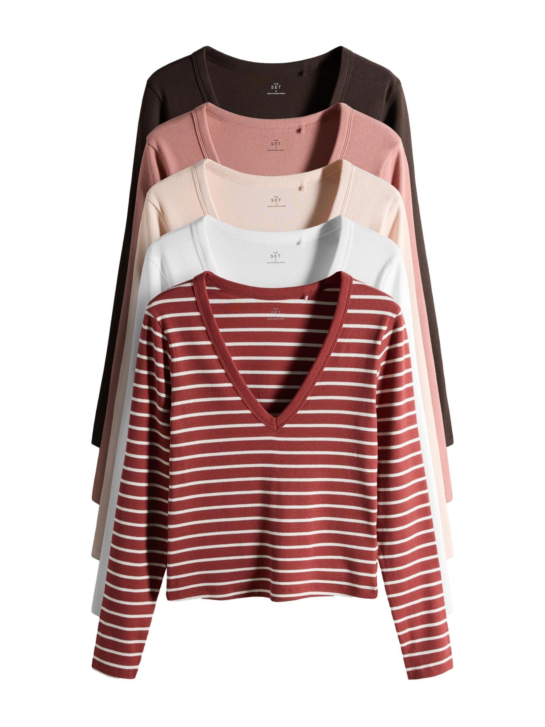 THE SET Femme T-Shirt côtelé à Manches Longues et Encolure en V, Lot de 5 | Coupe standard