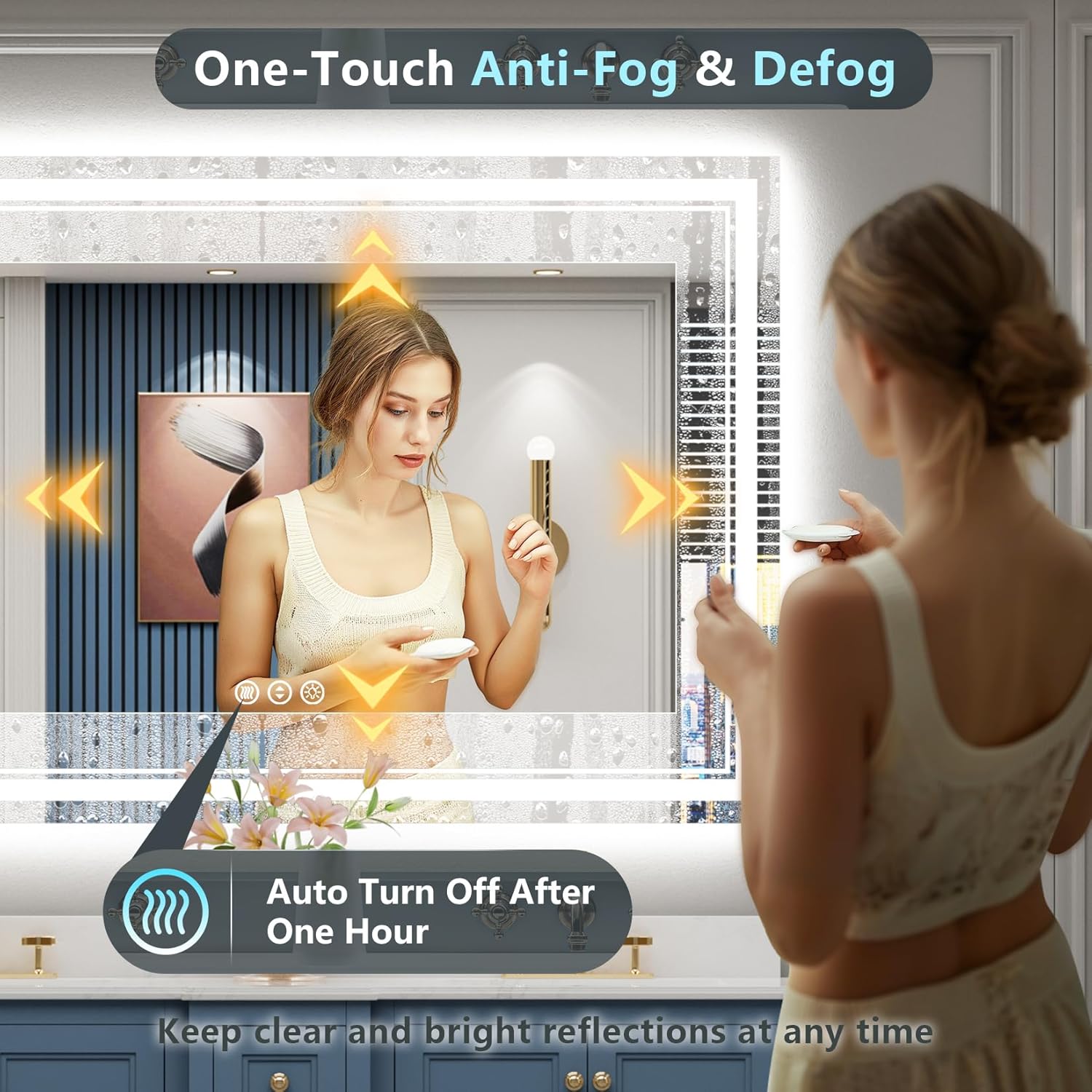 60x40 LED Bathroom Mirror with Lights, Backlit and Front Lit Anti-Fog Lighted Vanity Mirrors for Bathroom Wall, Dimmable, 3-Color Light, Memory, Shatter-Proof, HD Tempered Glass, CRI＞90