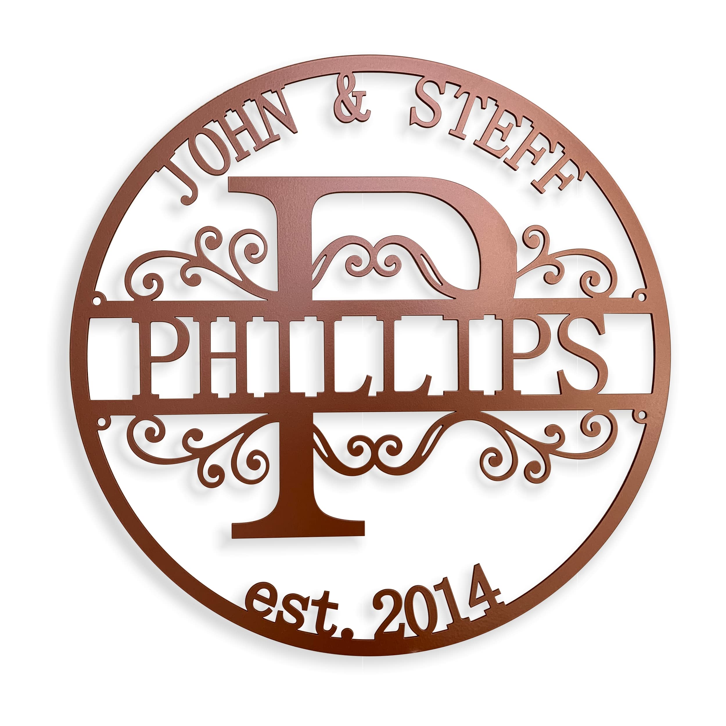 FranJohnsonHouse Personalisiertes Familienschild aus Metall mit Monogramm | Rundes Namensschild in Kupferoptik mit Familiennamen, Vornamen und Jahr, als Geschenk für Hochzeit oder Einzug