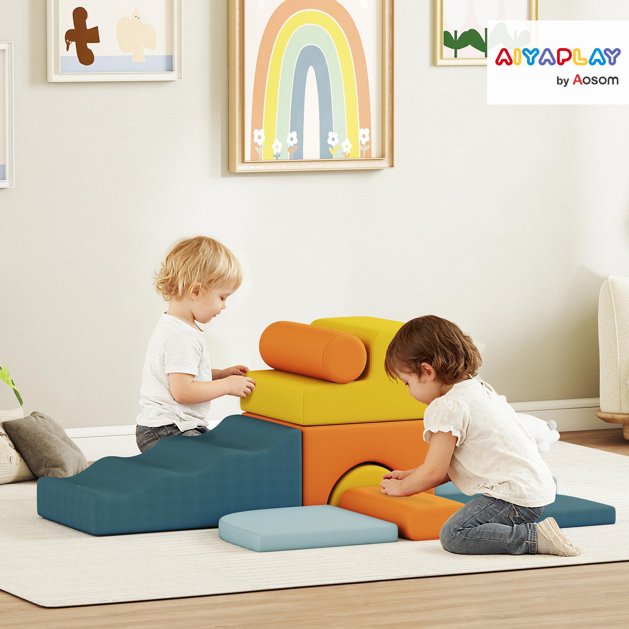 AIYAPLAY Schaumstoff Bausteine 9-TLG. Kinder Softbausteine Bausteinset mit abnehmbarem Bezug Klettern Großbausteine mit Cord-Optik Bauklötze Bunt