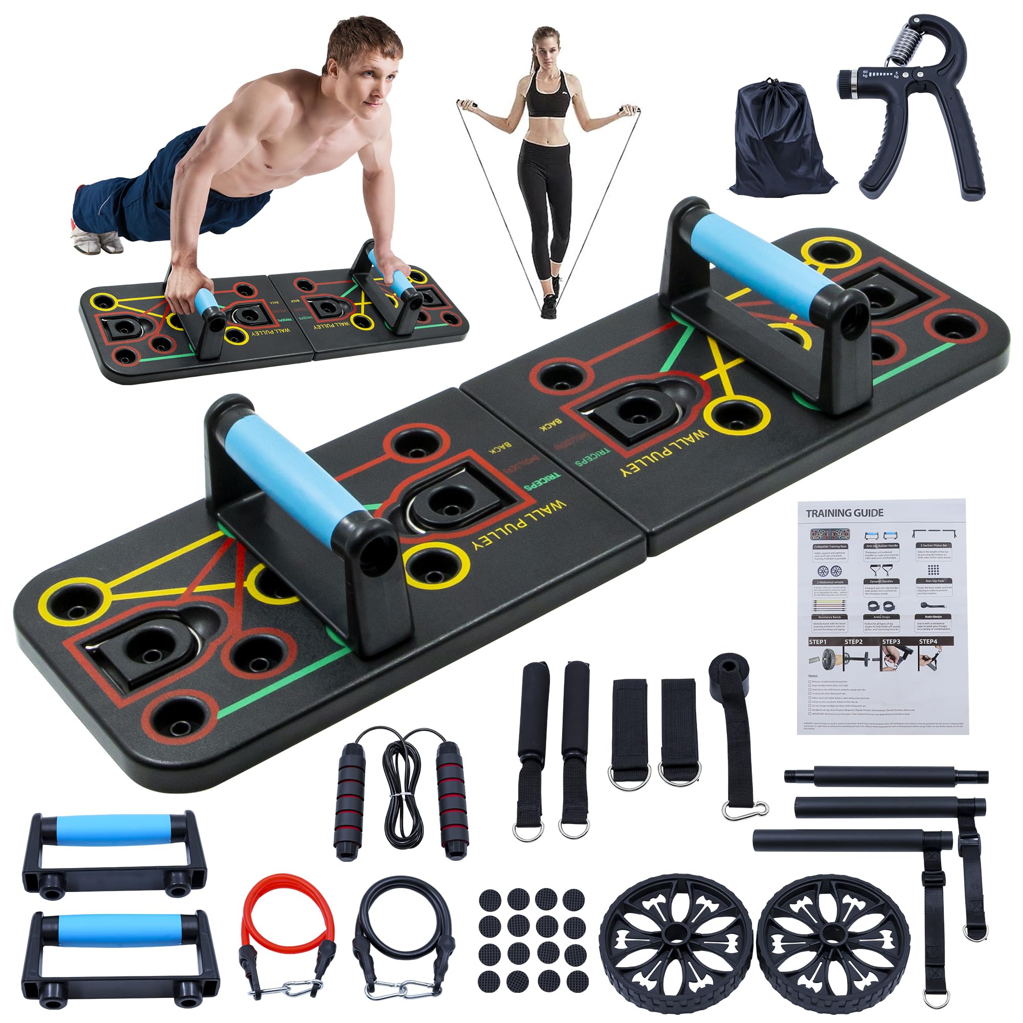 Push-up board, home gym, portable fitness equipment, Pilates bar, and 20 fitness accessories, including resistance bands and an ab wheel, for full-body workouts at home