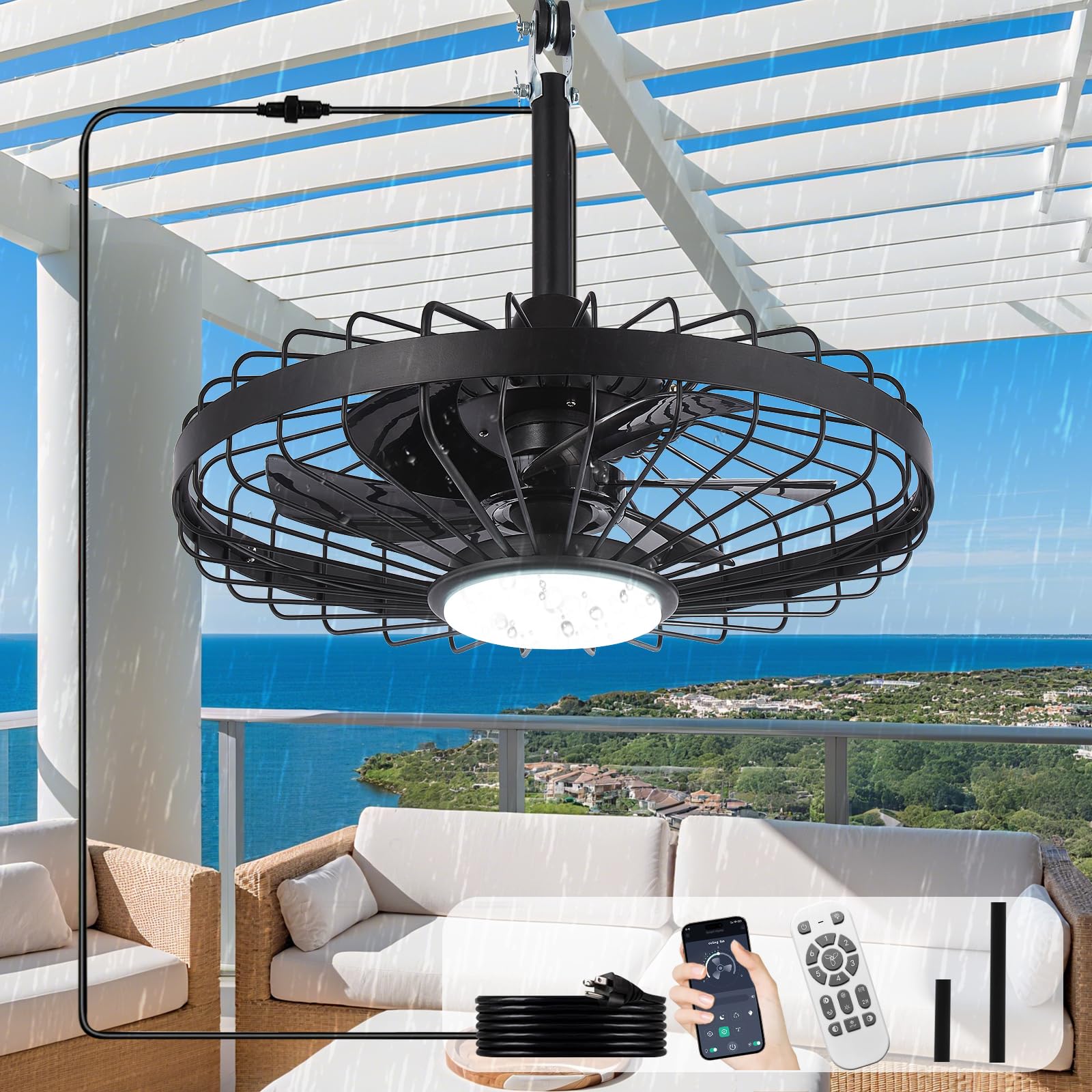 Outdoor Ceiling Fan with Lights: 20" Waterproof Plug-in Ceiling Fan with Remote Control Smart App - Gazebo Caged Hanging Fans for Patios Porch Pergola 6 Speeds Reversible - Black