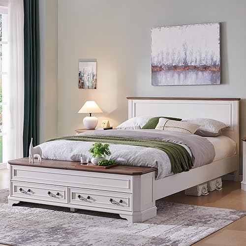 T4TREAM Farmhouse Queen Bed with Headboard and Storage Bench, Rustic Wood Platform Bed with 64" Storage Chest w/ 4 Large Drawer (Antique White)