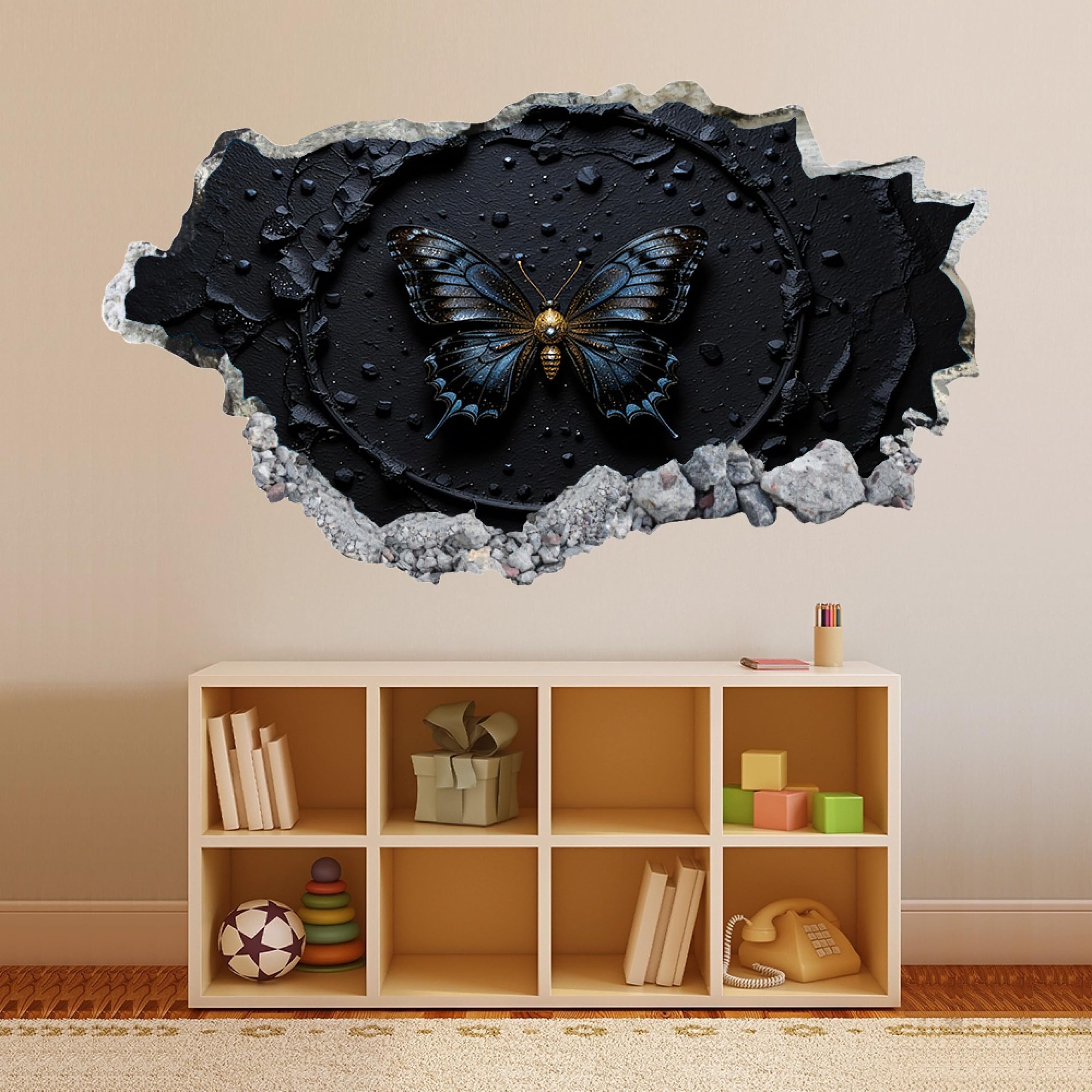 Calcomanía rota 3D Mariposa Negra Adhesivo para despegar y pegar, Tatuaje de pared Dormitorio Guardería Habitación Decoración Mural Decoración para el hogar 70x122cm