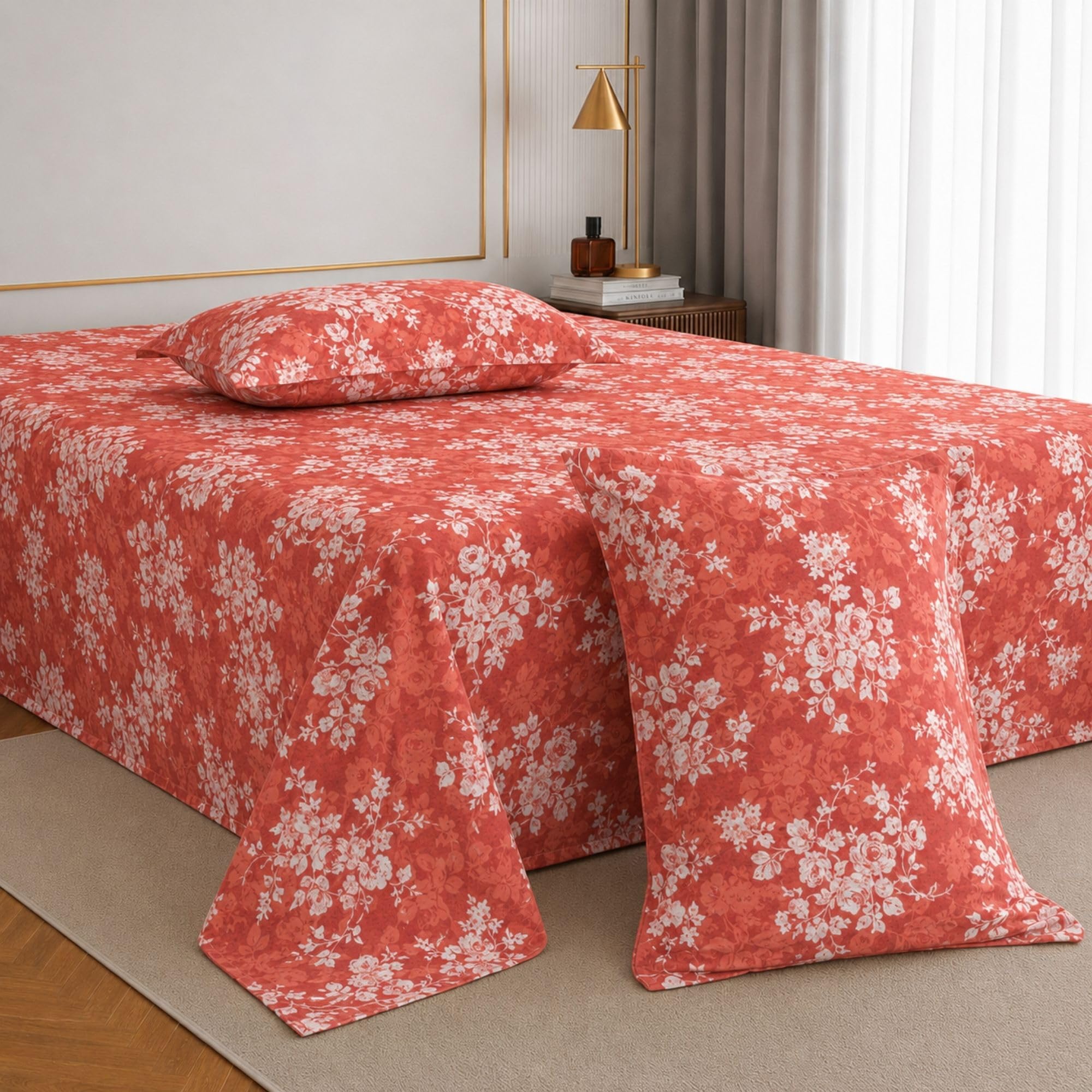 Jaipur Weaves Double Bed Cotton Bedsheet Queen Size 90x100, 100% Pure Cotton Bed Sheet with 2 Pillow Covers, 144 TC Soft Breathable Floral Design – (Rose Orange)-image-16