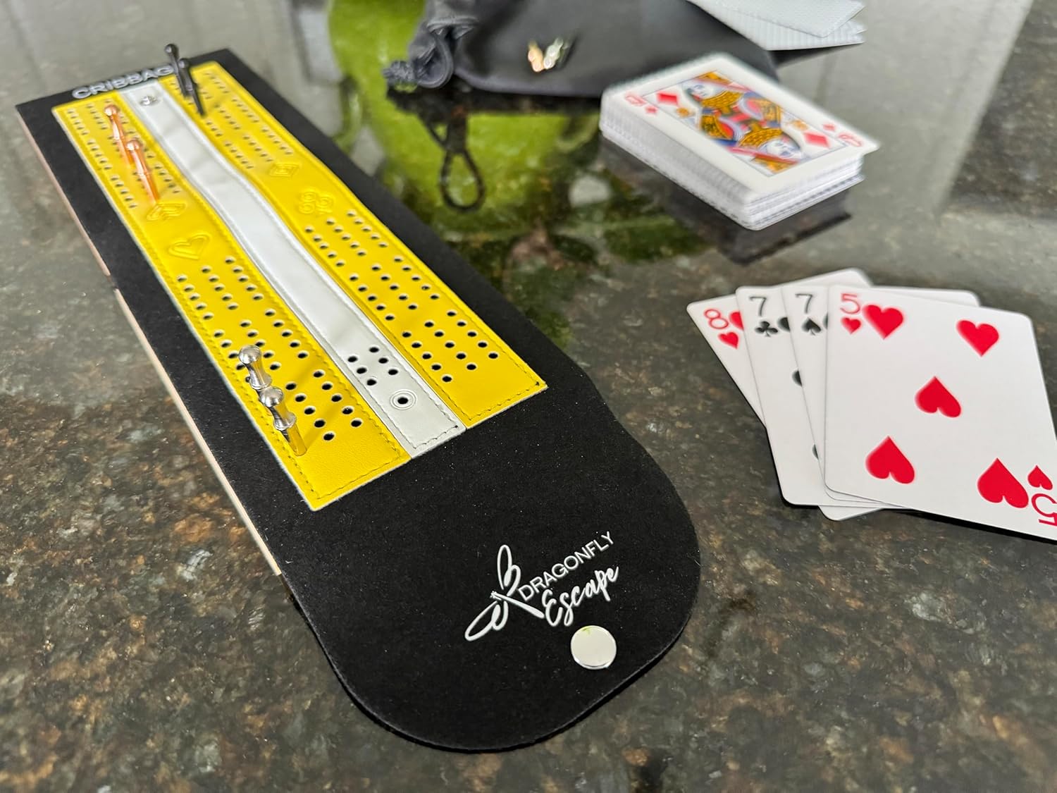 Travel Cribbage Game Board | Lightweight Portable Travel Cribbage Board Set | Travel Games for Adults (Yellow & White)
