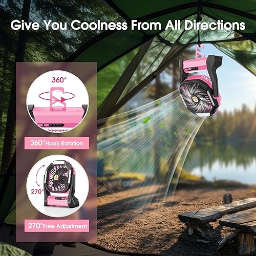 Miniatura 4 de Ventilador recargable portátil, 20000 mAh, inalámbrico, alimentado por batería, ventiladores de tienda de campaña con linterna SOS y LED, pequeños