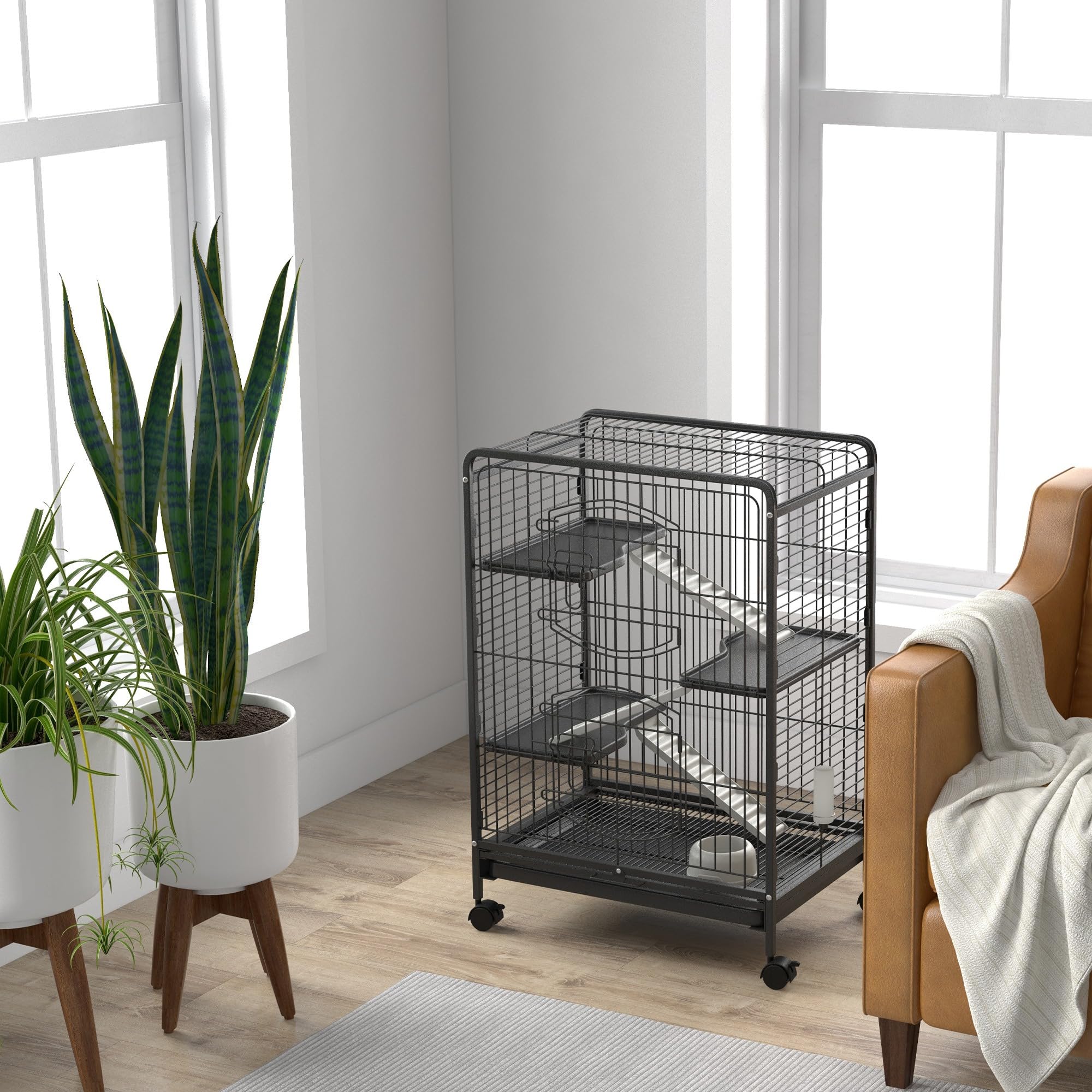 PawHut Gabbia per Piccoli Animali e Piccoli Roditori con Ruote, Gabbietta per Conigli e Cincillà con 3 Rampe e 3 Piattaforme, Ciotola e Bottiglia, 61.5x44x95 cm, Nero