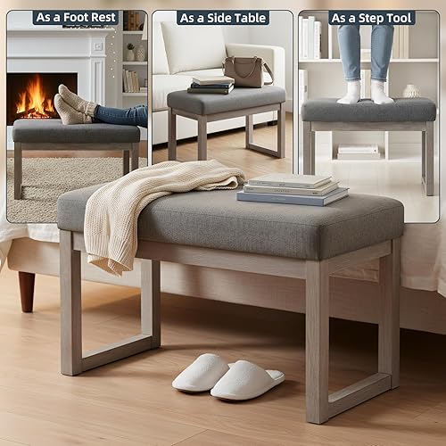 Miniatura 6 de CangLong Banco otomano rectangular de 27 pulgadas de ancho, reposapiés gris, tela de poliéster con aspecto de lino para sala de estar, dormitorio,
