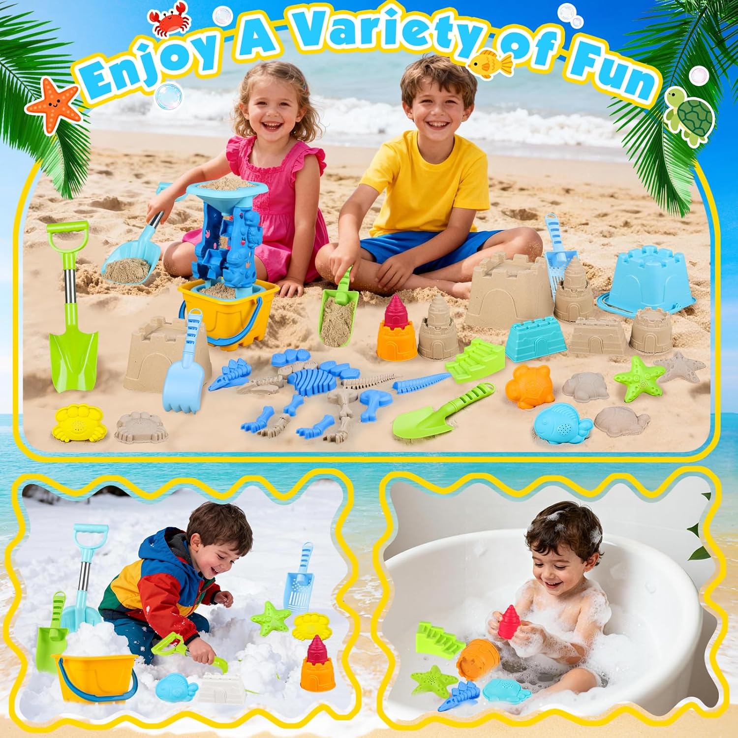 Beach Toys for Kids Toddlers, Sand Castle Toys with Bucket, Water Wheel, Long Shovel, Dinosaur Travel Sand Toys for Beach & Mesh Bag, Sandbox Essentials Toy for Toddlers Kids Baby Boys Girls Age 3-10