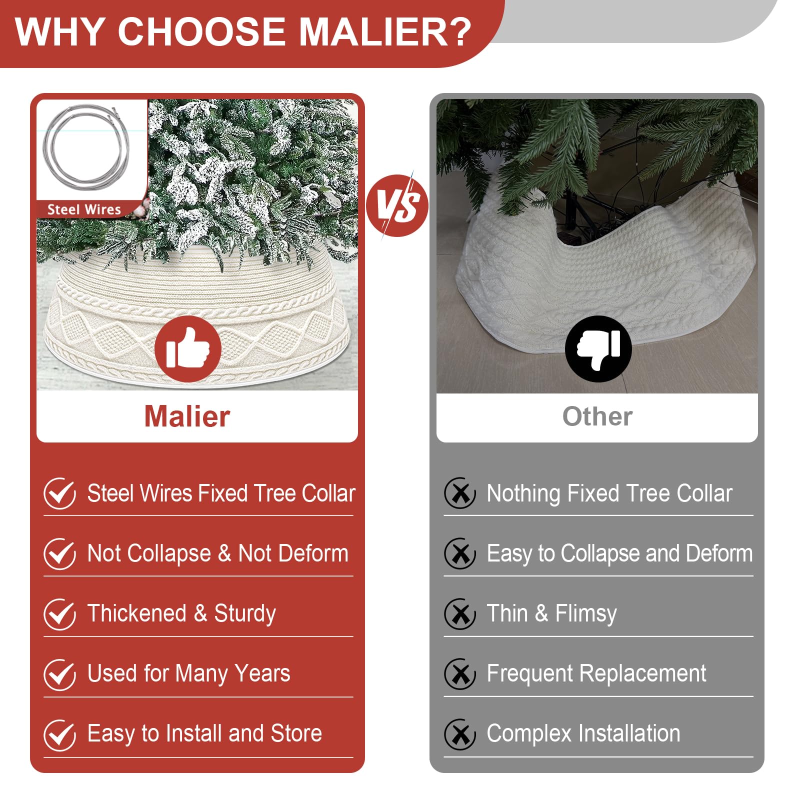 Malier Christmas Tree Collar, 30 inch Knit Cream White Xmas Tree Collar, Christmas Tree Collars for Atificial Trees, Tree Stand Base Cover, Christmas Tree Ring Skirt for for 7.5 ft 9 ft 12 ft Tree