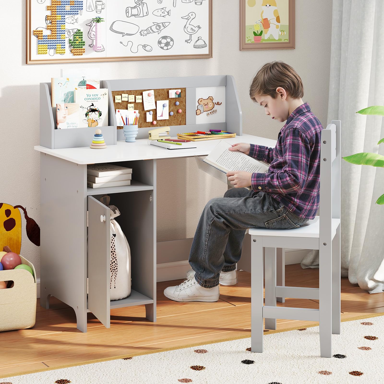COSTWAY Bureau Enfant Garçon Fille avec Chaise Bibliothèque Tableau d'Affichage, Table Enfant Bois Étagère Armoire Rangement, Charge 50/90kg 3 Ans+ Gris
