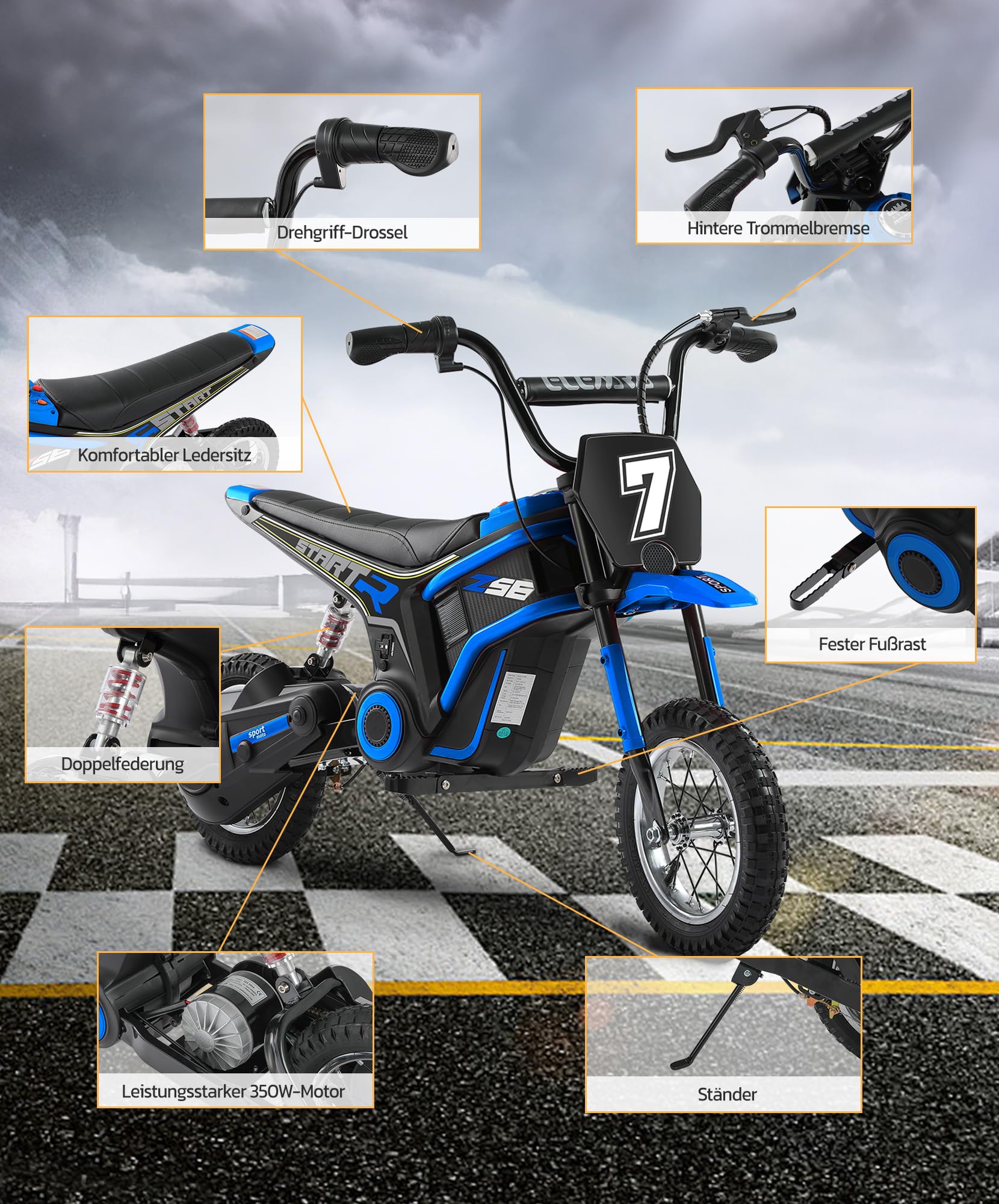 ELEMARA 24V Motorrad Elektrisch für Kinder, 250W Dirt Bike W/Rücklichtern,Musik,22,5 KM/H & 150 KG Max, Kettenantriebsmotor,Drehgasgriff & Handbetätigte Hinterradbremse,12" Luftreifen-Blau