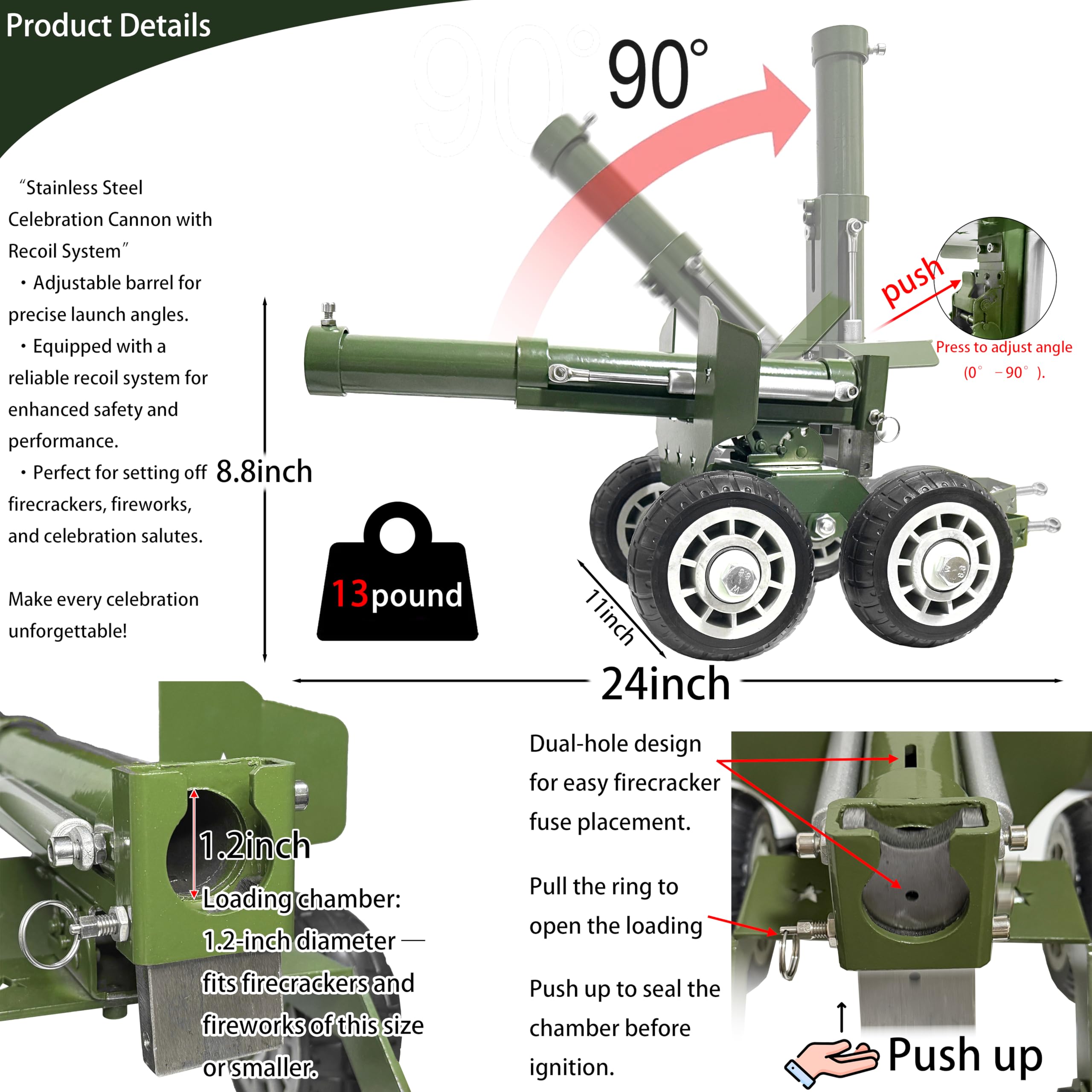 TIETHEKNOT Stainless Steel Mini Cannon Model 24 Inches 13 lbs – A Colossal Firecracker Launcher with Adjustable Angle, Perfect for Celebrations, Outdoor Display, and Collectors’ Showcase