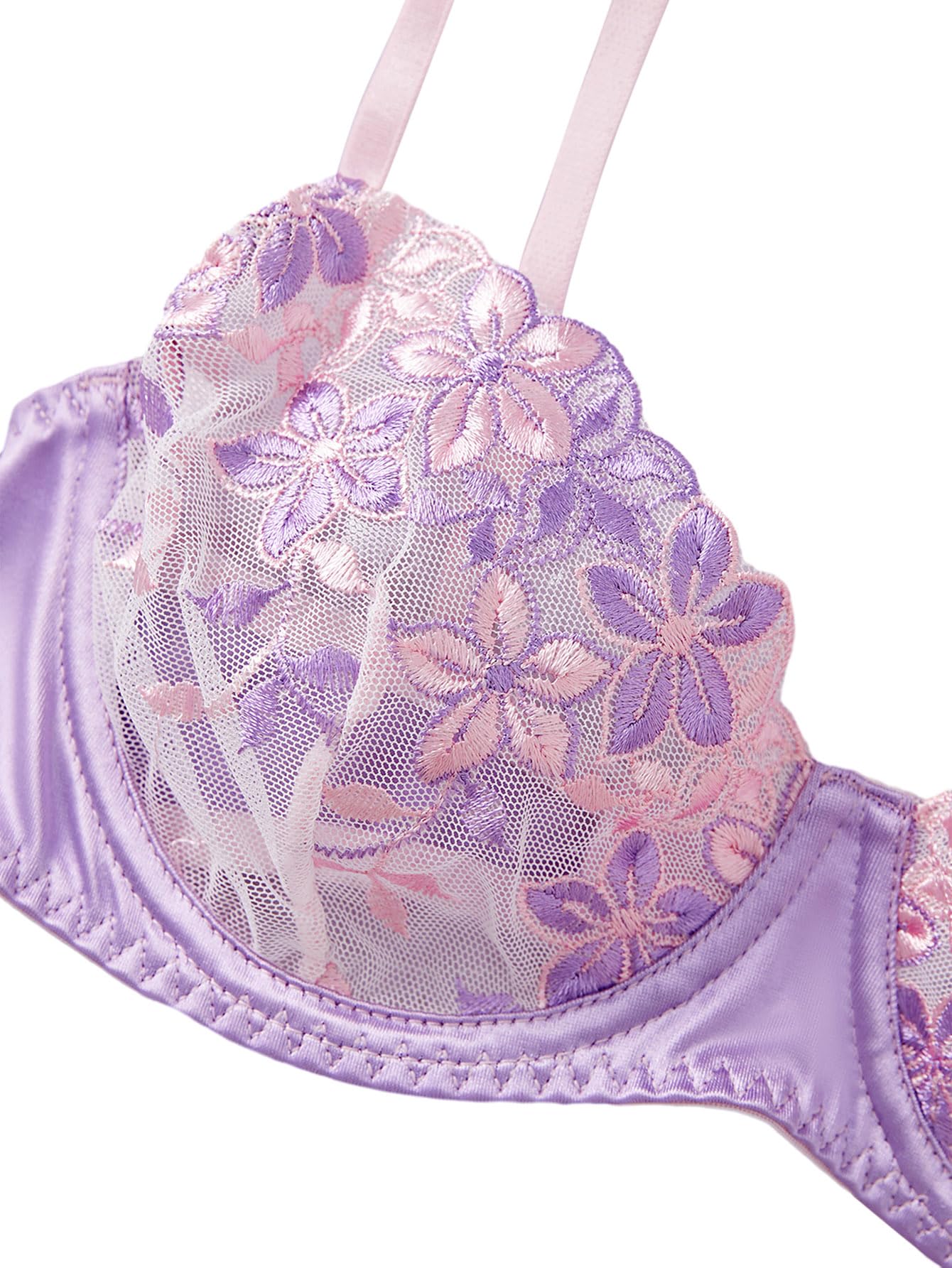 Lilosy Sexy Satin Mesh Floral Sheer Embroidered Underwire Lingerie Set 2 Piece Women Push Up See Through Matching Bra Panty Print Royal Blue Medium: Flower Small Flower Light Purple