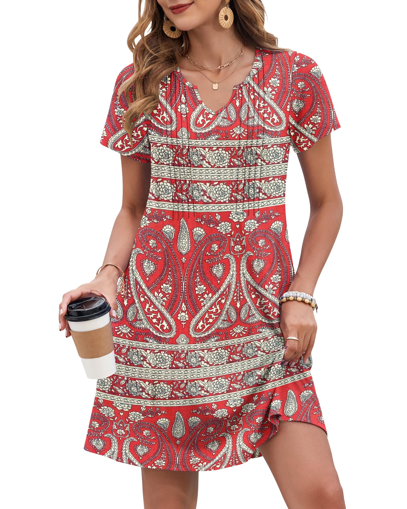 PLOKNRD Vestidos Verano Mujer Plisado T Shirt Vestidos Casual Manga Corta con Bolsillos