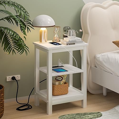 Miniatura 5 de VECELO Mesitas de noche modernas con estación de carga, mesa auxiliar auxiliar con estante de almacenamiento para espacios pequeños, dormitorio,