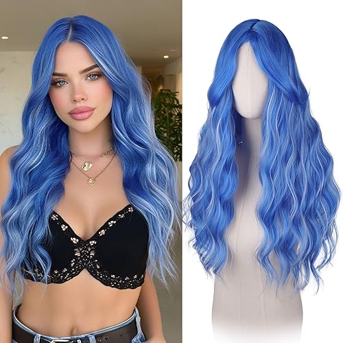 Haloo Blue Wigs with Curtain Bangs for Women - Long Wavy Middle Part Natural Looking Synthetic Hair Wig for Daily Party Cosplay Costume, 26 Inch Blue Mixed Grey - Blue Mixed Grey