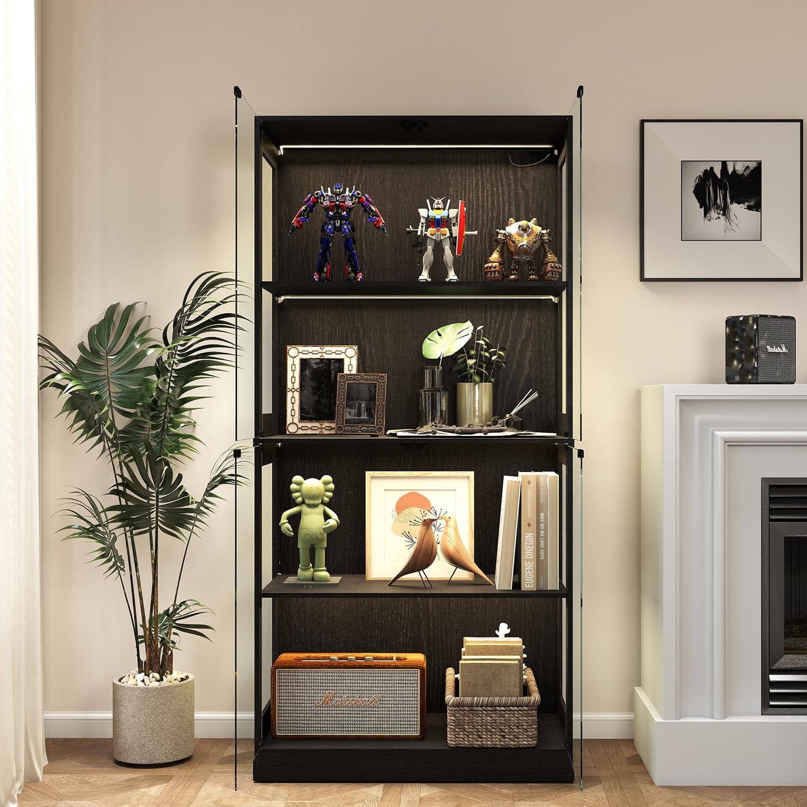 YU YUSING Vitrina Cristal Expositora para Colecciones con LED, Negra