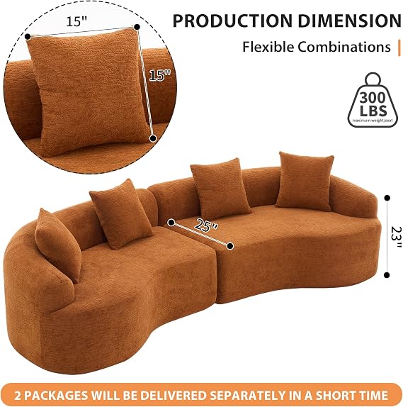 Orange Curved Modular Sofa, 30D High-Density Chenille Compression Sleeper for Apartment Living Room,Orange