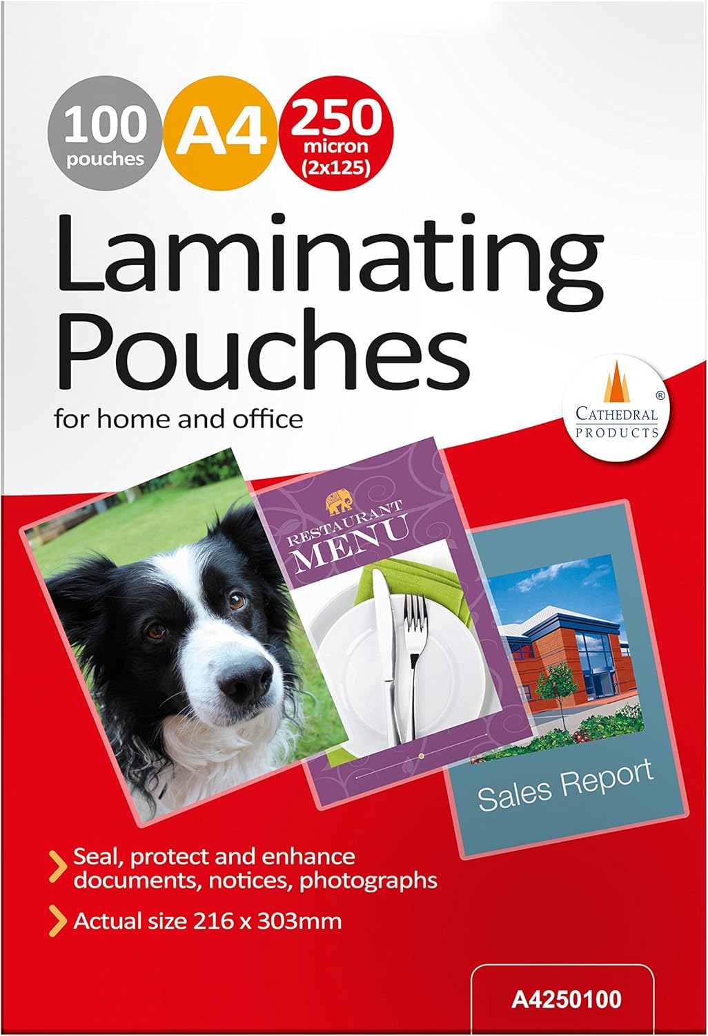 Cathedral A4 Laminating Pouches (100 Pack), 250 Micron (2 x 125
