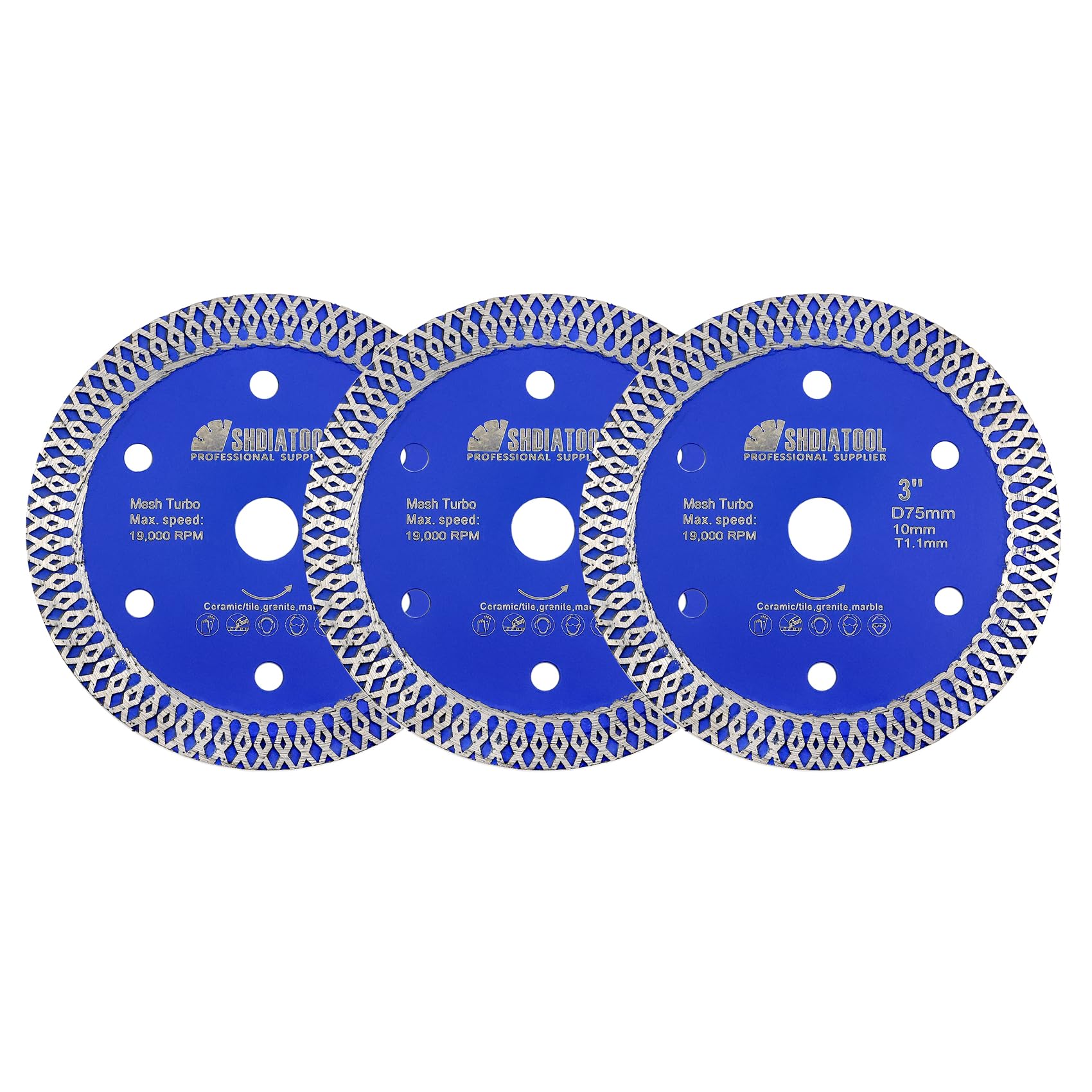 SHDIATOOL Tile Diamond Blade Cutting Disc 75mm Cut Off Wheel for Tile Porcelain Ceramic Marble Granite Arbor 10mm on Angle Grinder(Pack of 3)