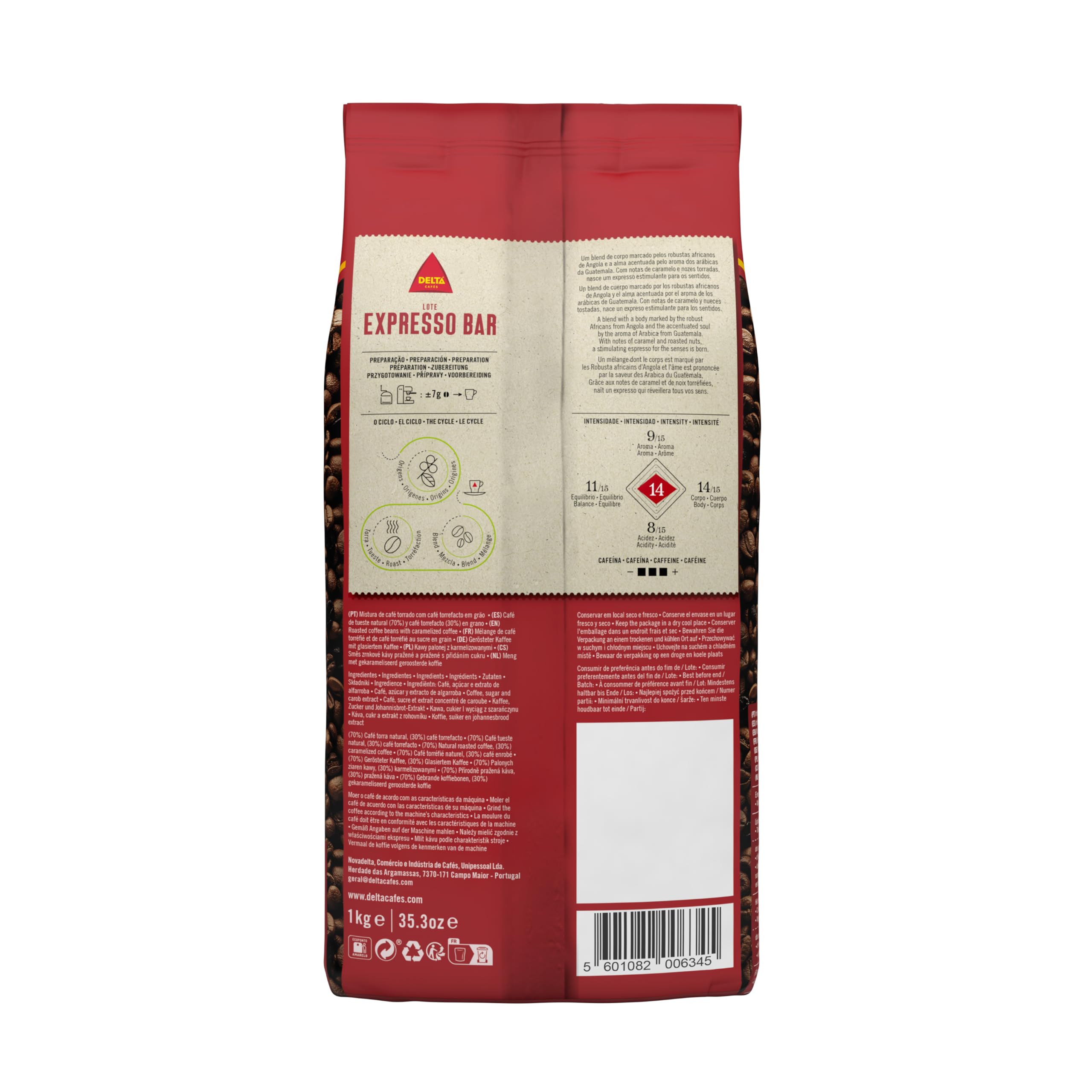 Delta Cafés espresso Bar - Café en Grano - Estimula los Sentidos - Aroma de Centroamérica y Robusta Africana - 1 kg
