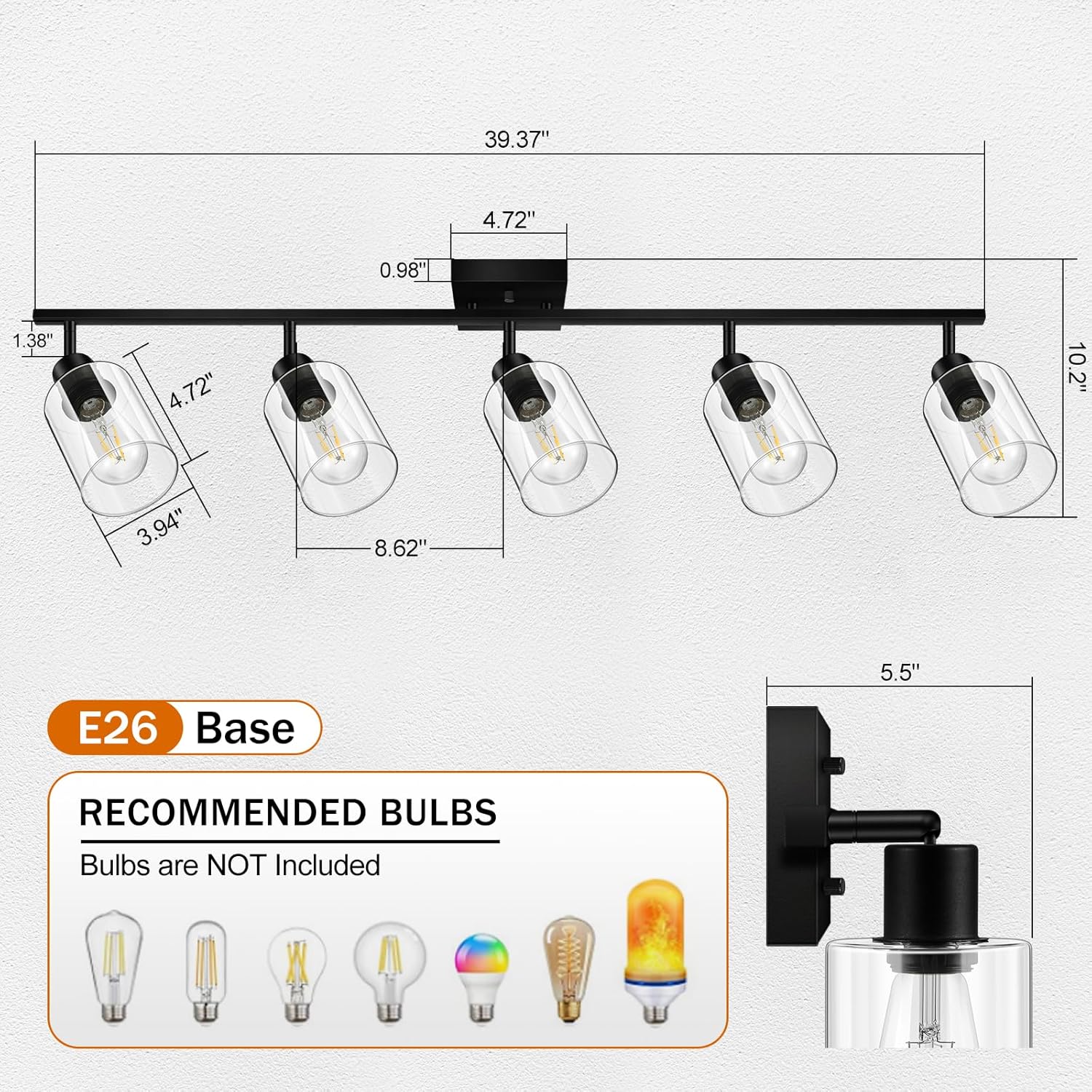 BoostArea 5 Light Track Lighting Kit, 5 Way Ceiling Spot Lighting with Glass Lampshade, Flexibly Rotatable Light Head for Kitchen, Living Room, Bedroom, Bulb Not Included