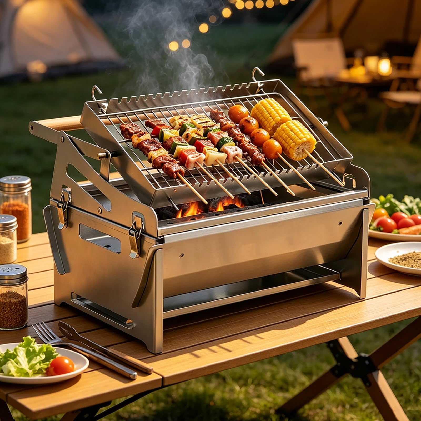 RAGOPILEN Rotating BBQ Grill, 360 Rotating Charcoal Grill Stainless Steel Detachable 2-4 People Outdoor BBQ