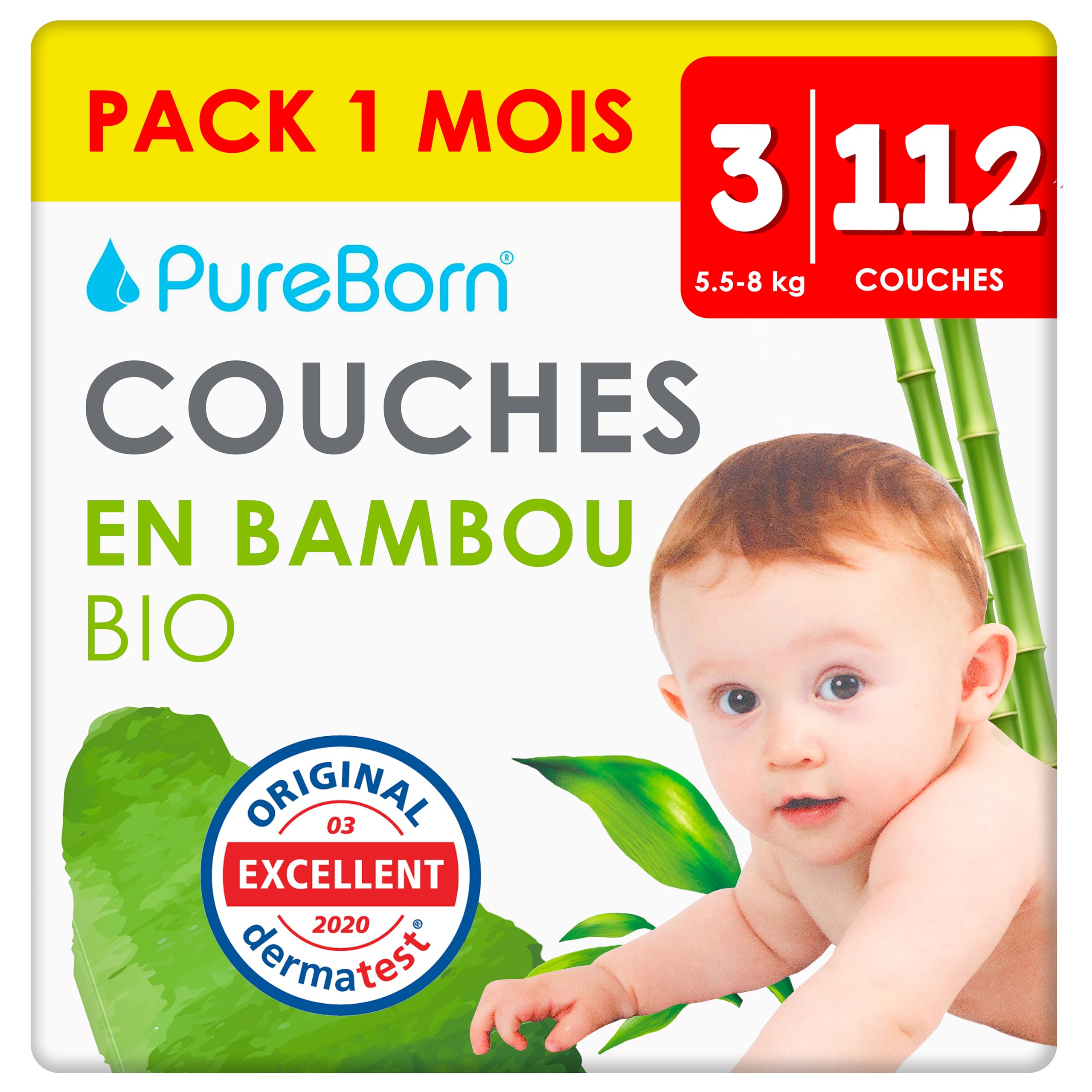 PureBorn 112 Couches Taille 3 (5-8 kg), Ultra-Absorbantes, Hypoallergéniques, Couches douces pour Bébé 4-7 mois, Testées Dermatologiquement, Anti-fuites, Écologiques en Bambou Naturel