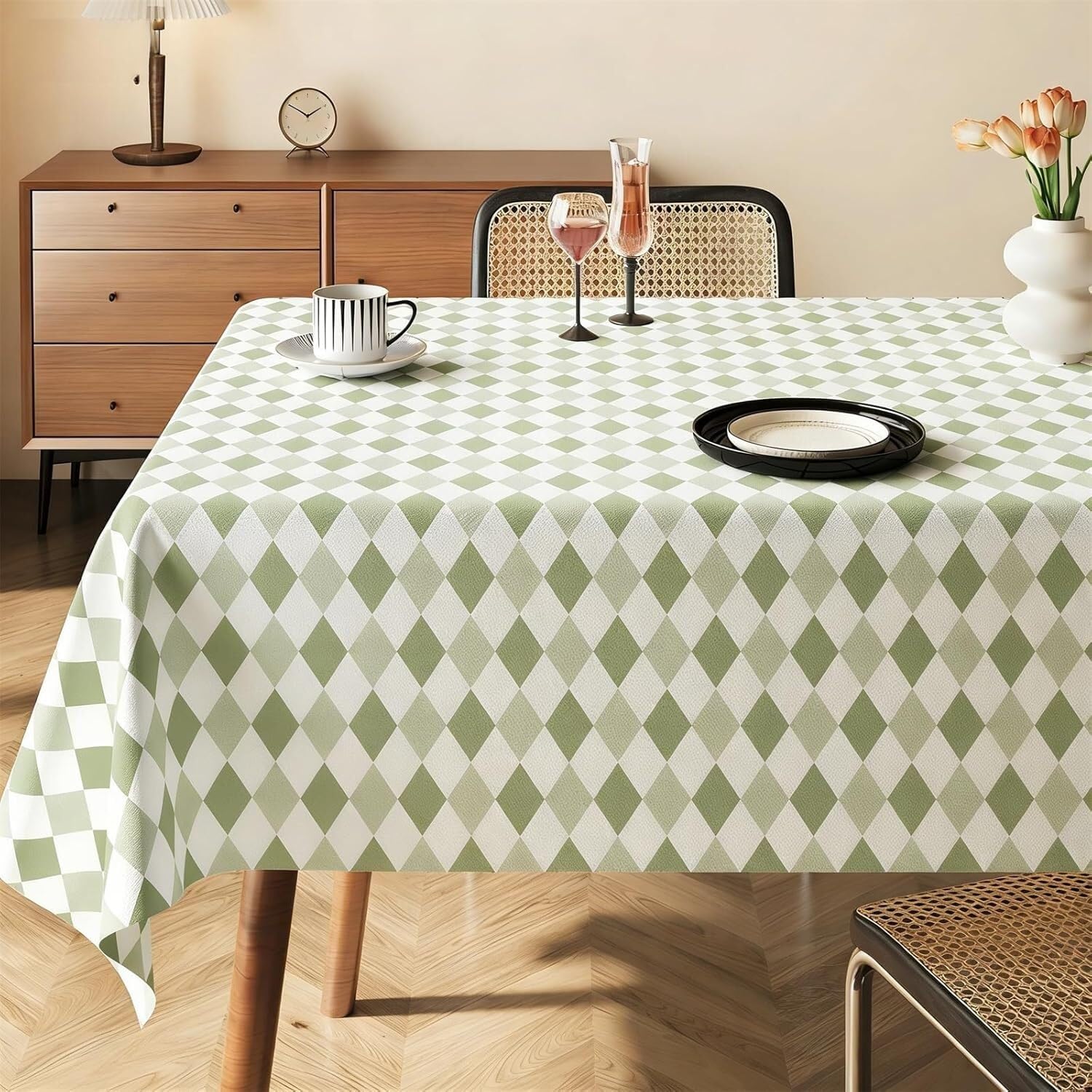 KIJyfgTR New Twill Check Wipeable Tablecloth, Rectangular Table Cover(Light Green,140x180cm)