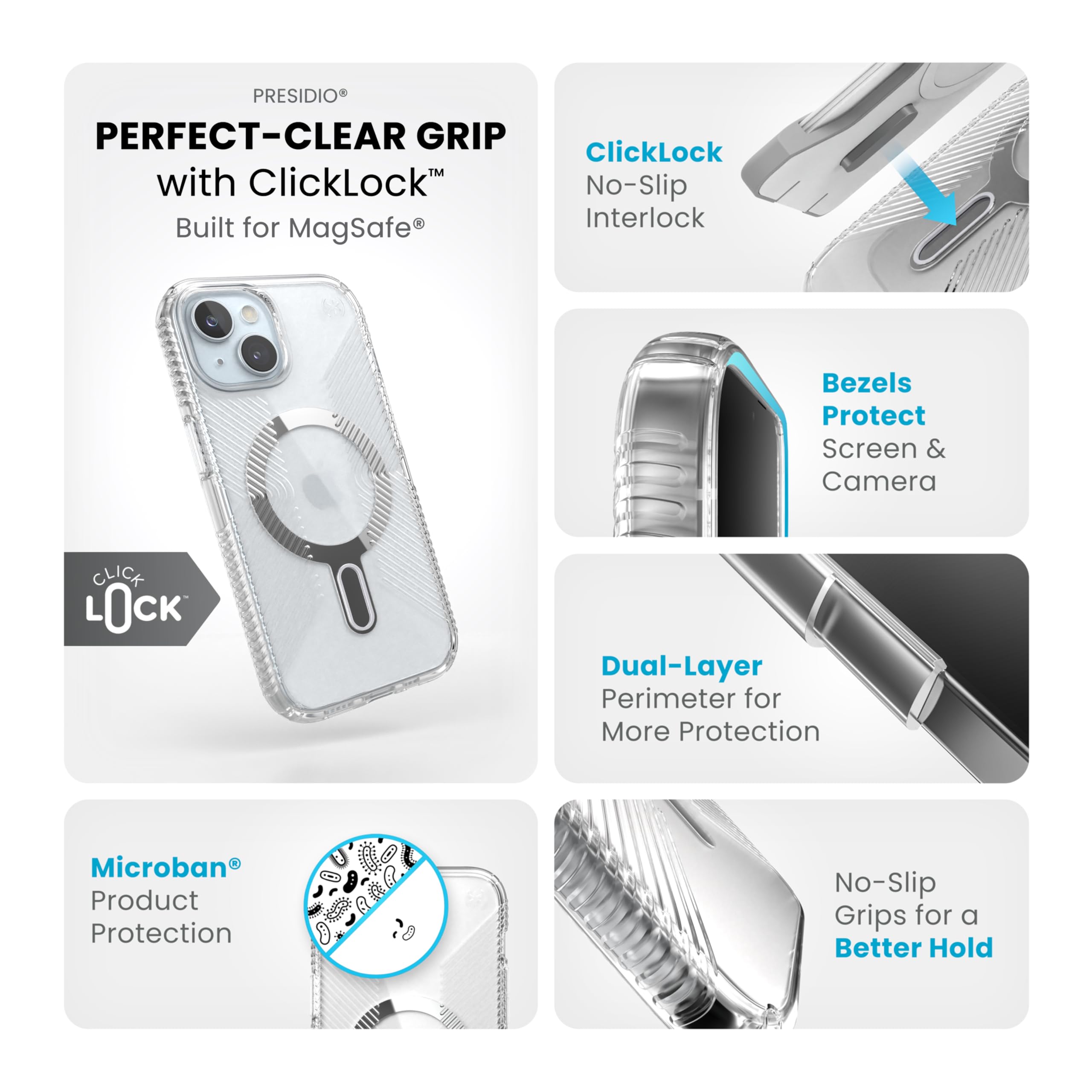 Speck Klare iPhone 15 Hülle – ClickLock rutschfeste Interlock, gebaut für MagSafe, Fallschutzgriff – für iPhone 15, iPhone 14, iPhone 13 – Anti-Gelb 6,1 Zoll Handyhülle – Presidio Grip Clear/Chrom