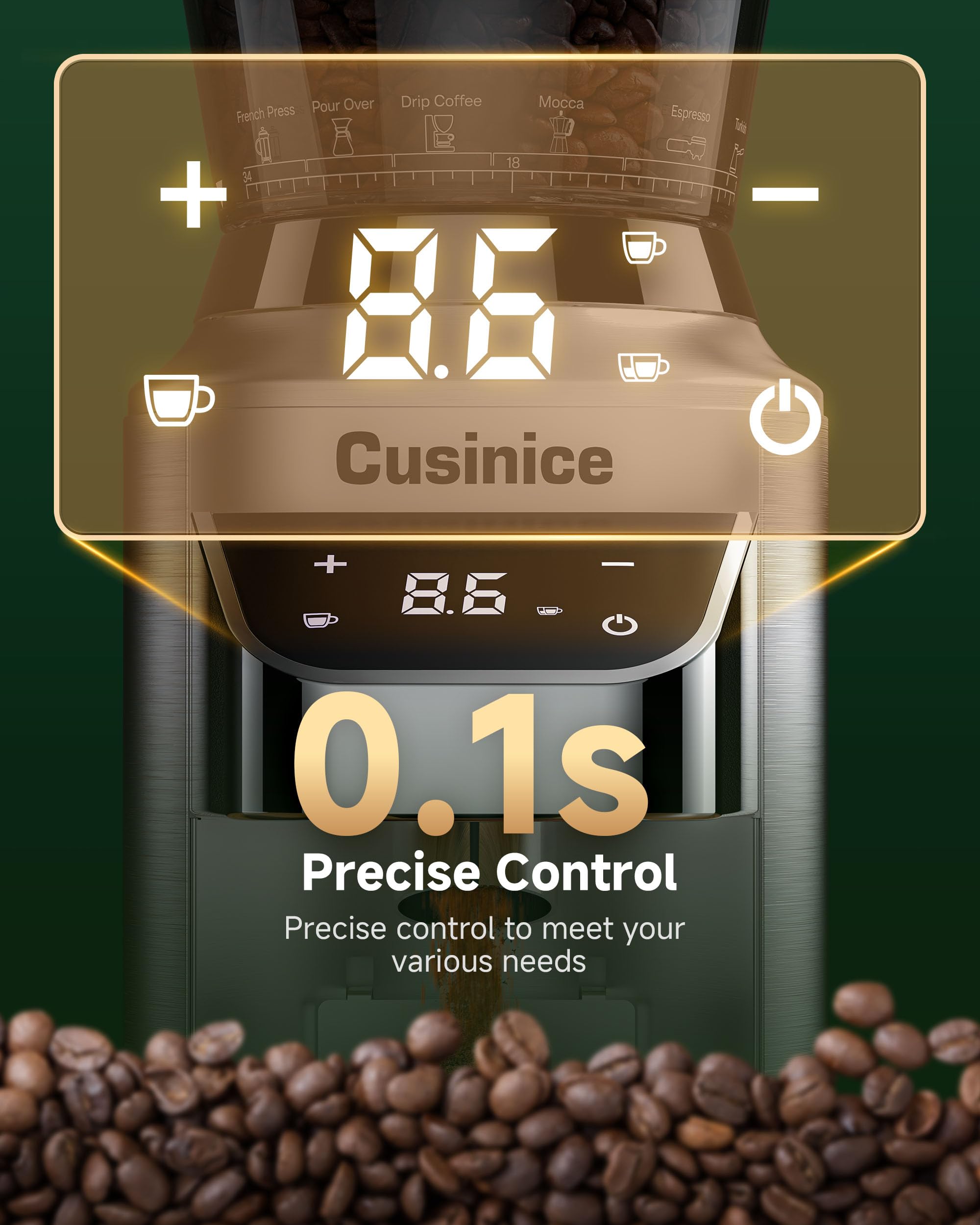 Molinillo de café cónico – Molinillo eléctrico de espresso con 34 ajustes precisos – antiestático para uso doméstico, tolva de 320.3 g, acero inoxidable, plateado