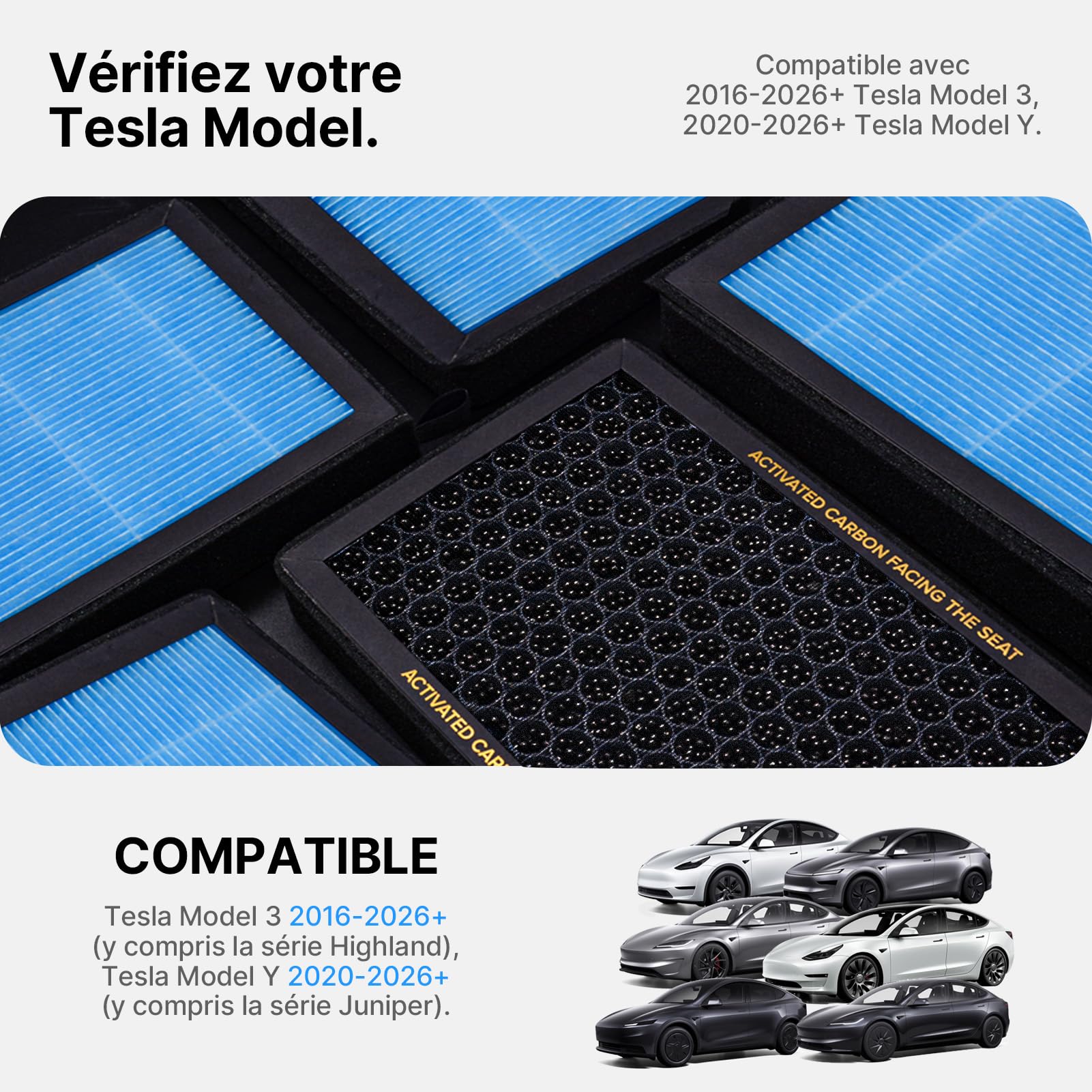 Lot de 2 Filtre à Air Habitacle pour Tesla Model 3 et Y | Model 3 2016-2026 et Moldel Y 2020-2026 Incluant Highland et Juniper, Filtre HEPA à Charbon Actif, Accessoire pour Tesla