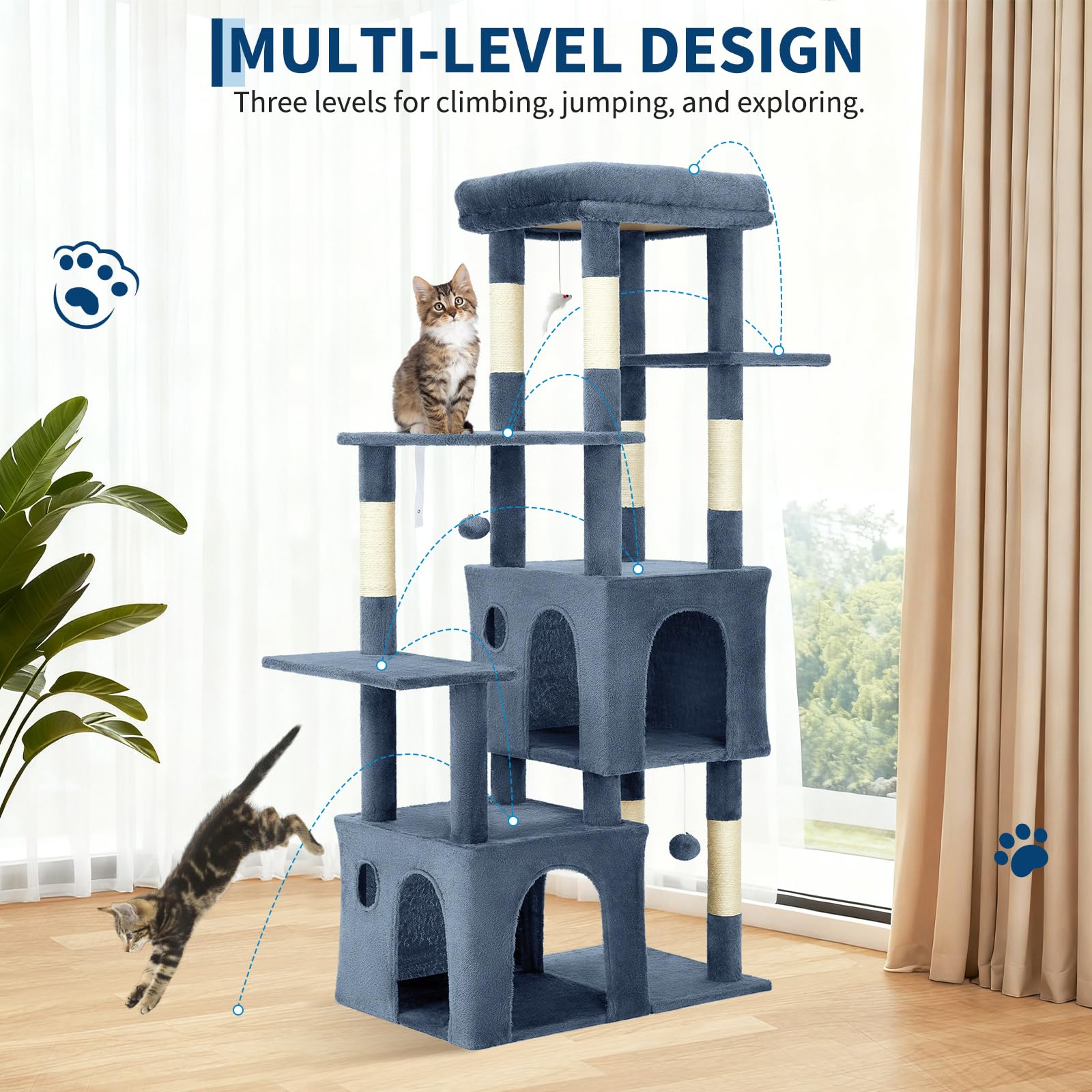 Garvee Árbol para gatos, torre para gatos de interior, muebles de casa de gatos de varios niveles de 156 cm con posadera, poste rascador de sisal, 2 espaciosos condominios y juguetes de juego, centro