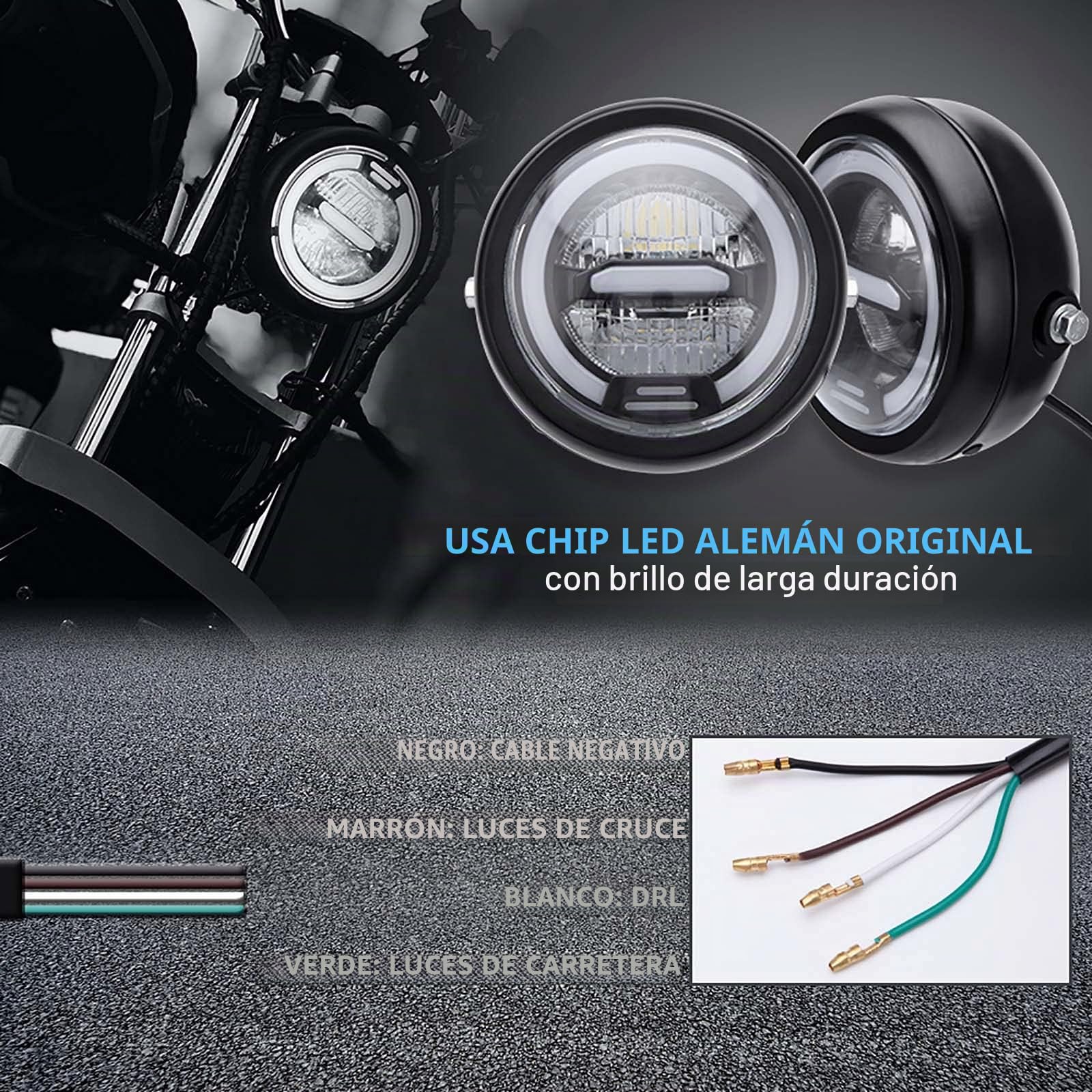 6.8 pulgadas Faro LED redondo para motocicleta de con halo blanco y soportes Luz de faro delantero universal Faro de reajuste de haz alto y bajo (luz blanca).