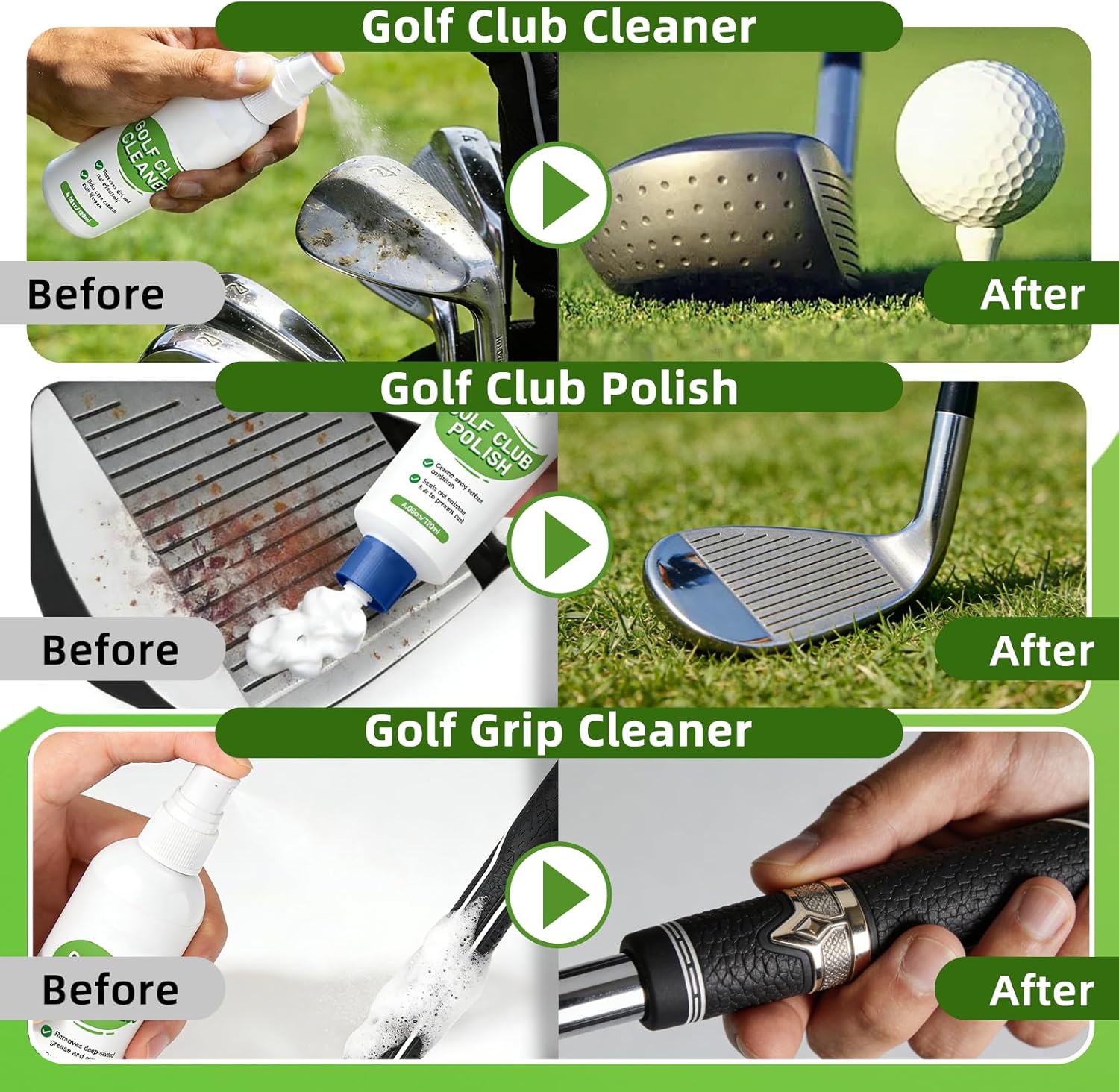 Pro Golf Club Cleaning Kit – Cleaner, Polish, Grip Cleaner, Brush, Towel & Bag | Restores Irons & Drivers, Removes Rust & Scratches, Renews Grip | Golf Gifts for Men