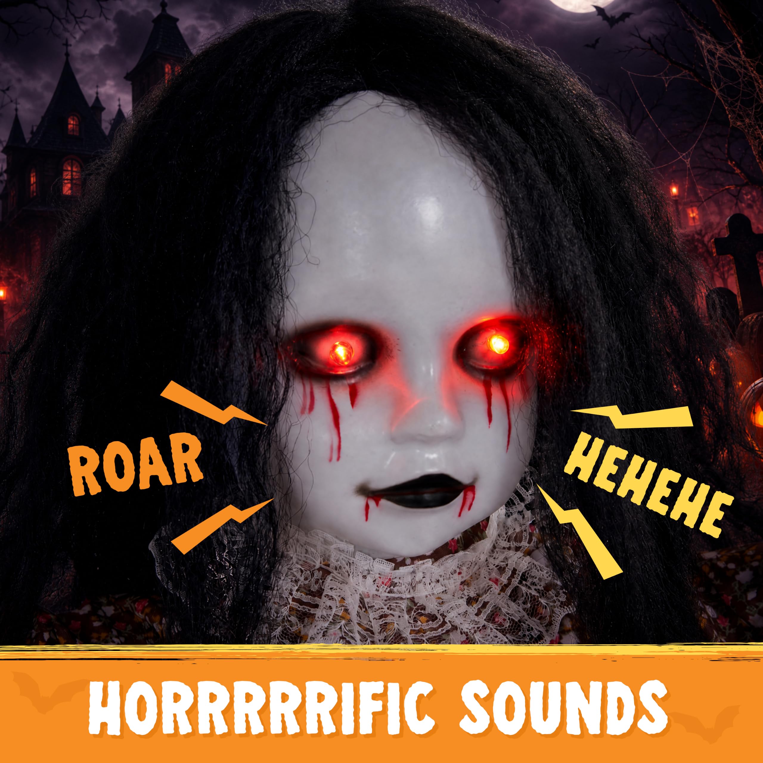 JOYIN Gruselige Halloween-Dekoration für draußen: Hängendes, schwingendes Mädchen, geräuschaktivierter Sensor, leuchtende Augen und gruseliger Gesichtsausdruck, hängende