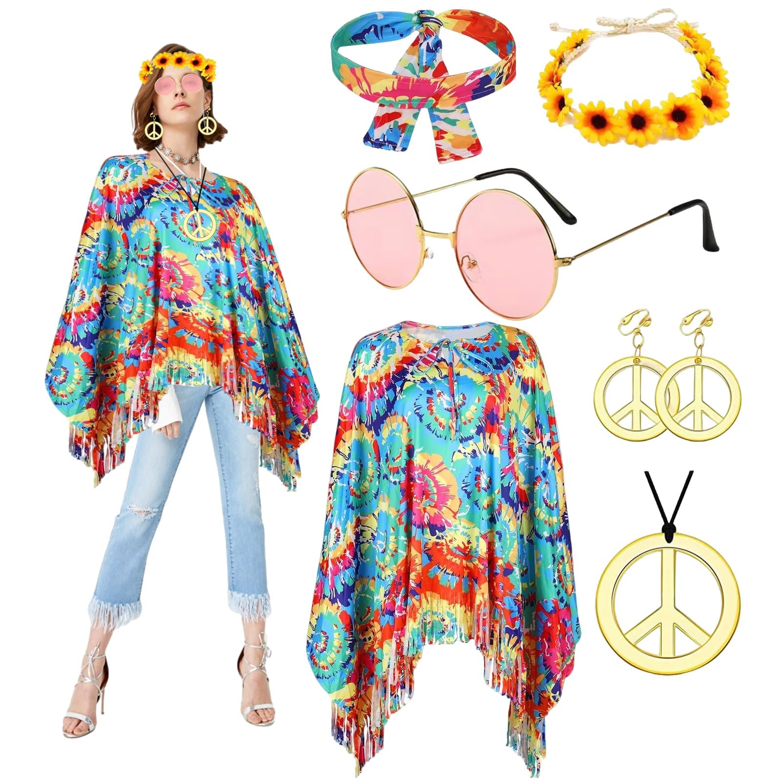 Disfraz Hippie para Mujer, Disfraz de Discoteca de Años 60 y 70, Set de Accesorios de Disfraz de Hippie Poncho Diadema Gafas de Sol Collar Pendientes, para Carnaval Disco Halloween