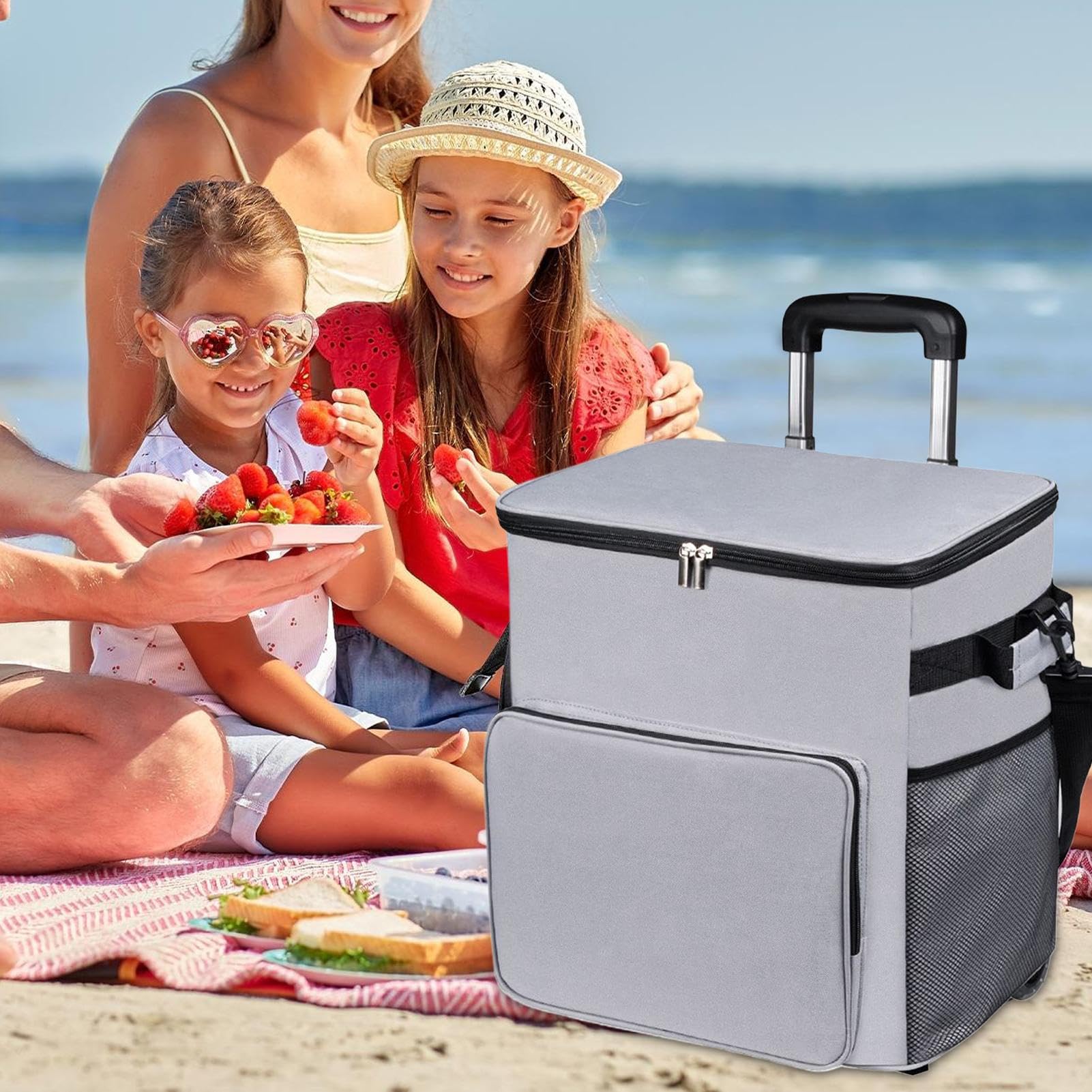 Carrello frigo con ruote, isolato, borsa morbida a prova di perdite, con maniglia, per picnic, spiaggia, viaggi, campeggio, 90 x 33 x 28 cm, nero, 1 pezzo