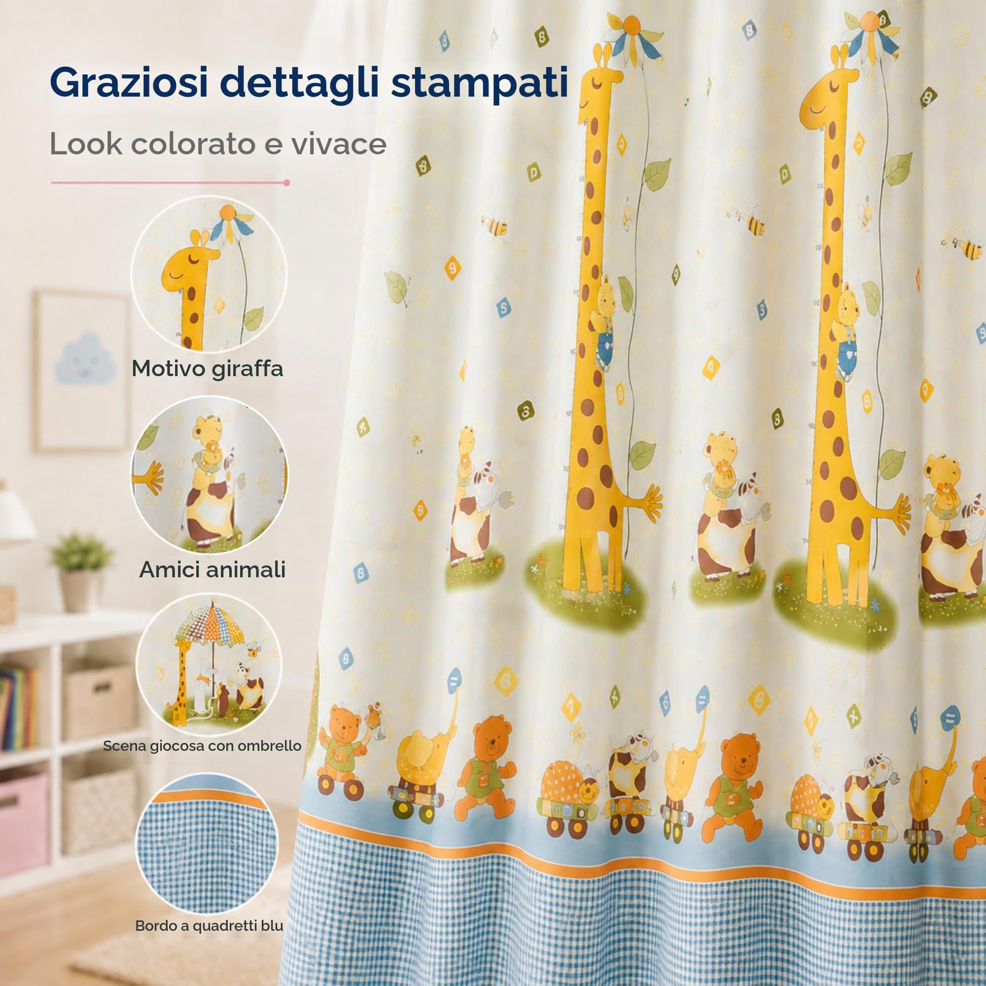 VKZ Set 2 Tende per Cameretta Bambini con Occhielli, Pannelli Tenda Filtranti per Camera da Letto Bambini e Finestra, Fantasia Giraffa Animali Trenino