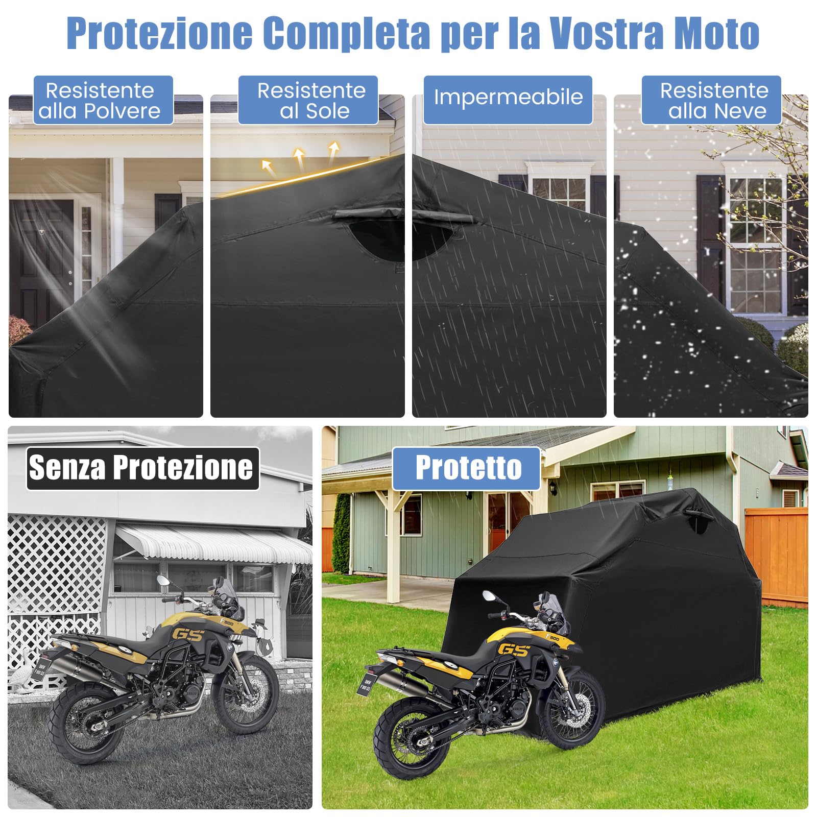 COSTWAY Telo Moto per Esterno, Garage per Moto con Copertura in Tessuto Oxford, Finestre a Rullo in Rete, Portatile e Impermeabile, 342 x 137 x 193 cm