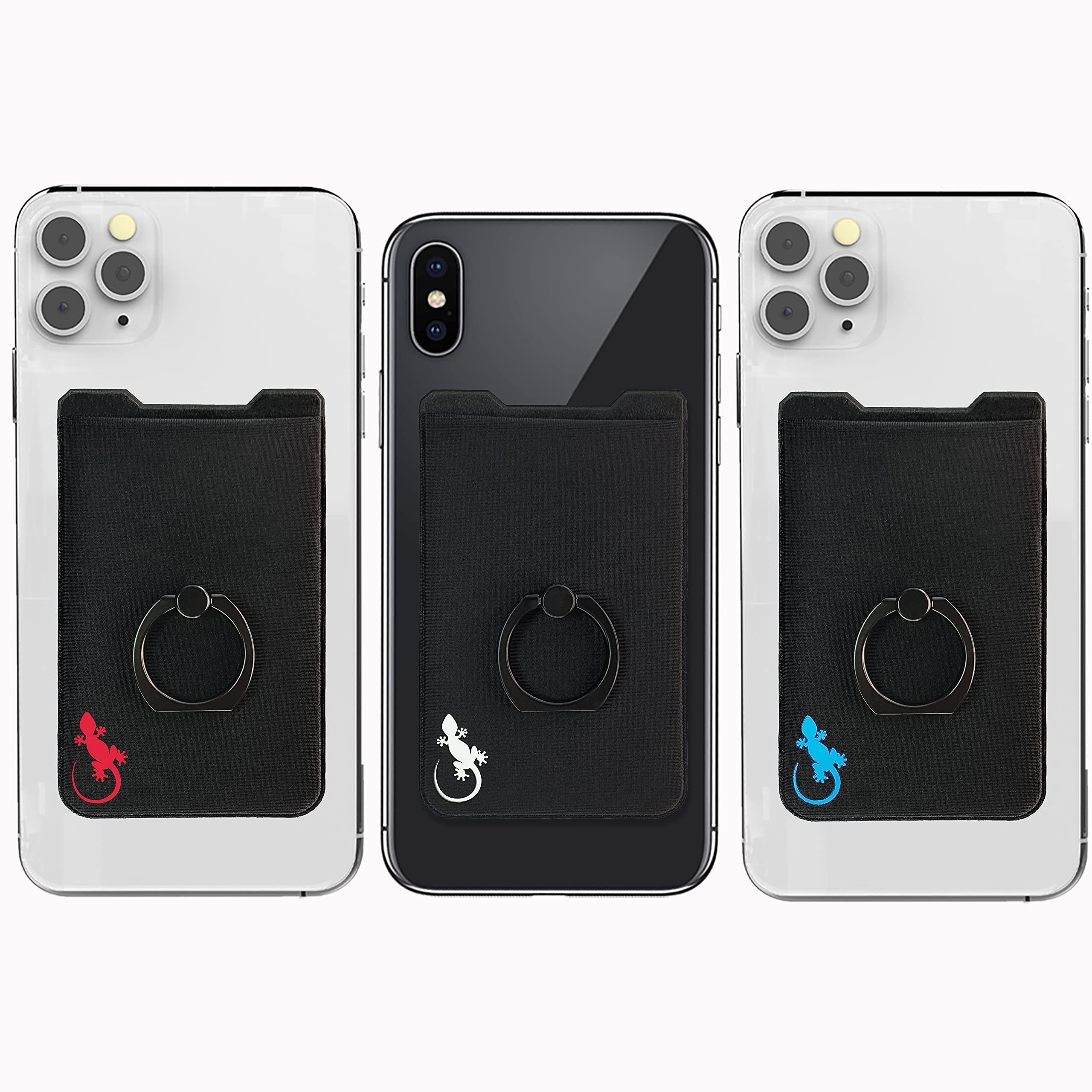 Phone Card Holder with Phone Ring, Gecko Ring Wallets Combine a Finger Grip, Phone Ring Stand & Credit Card Sleeve into Stick On Universal to Any Cell Phone (3 Pack - RED White Blue)
