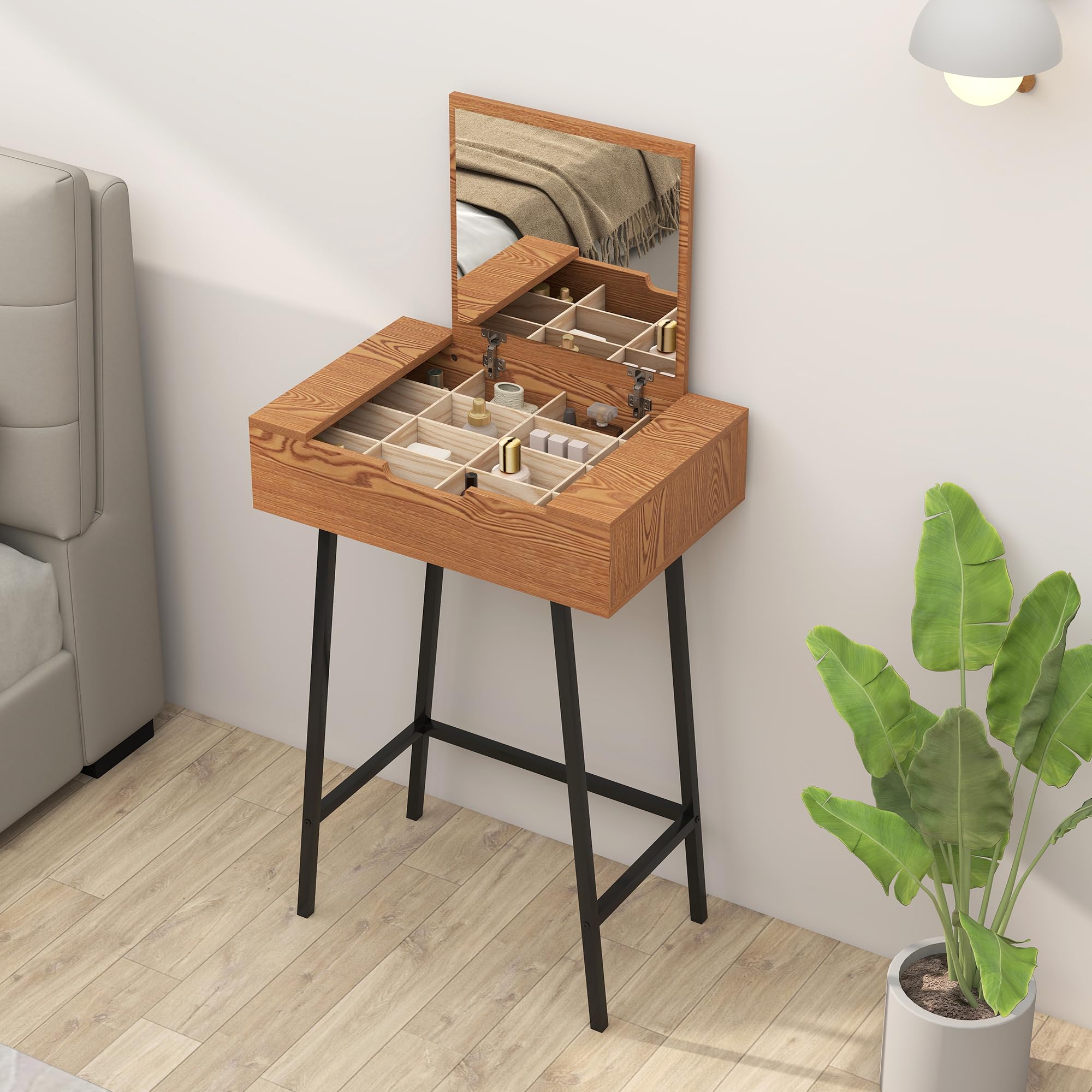 HOMCOM Toeletta Trucco con Specchio Ribaltabile 60x40x90 cm Colore Legno | Elegante, 16 Scomparti Nascosti, Postazione Make Up, Legno e Acciaio, per Camera da Letto, Stile Moderno